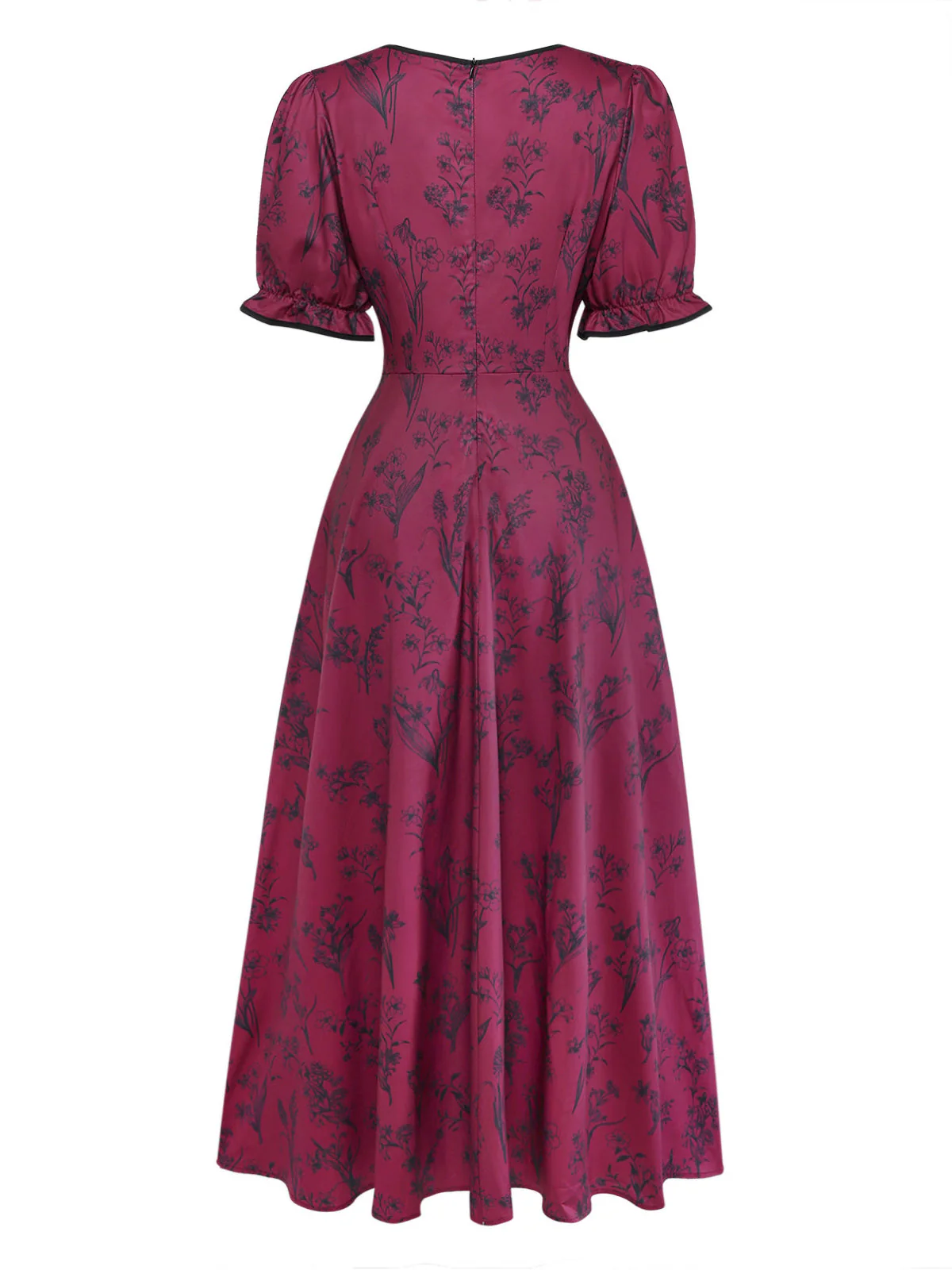 Robe Col Carré Imprimé Floral Bordeaux Années 1940 - Image 3