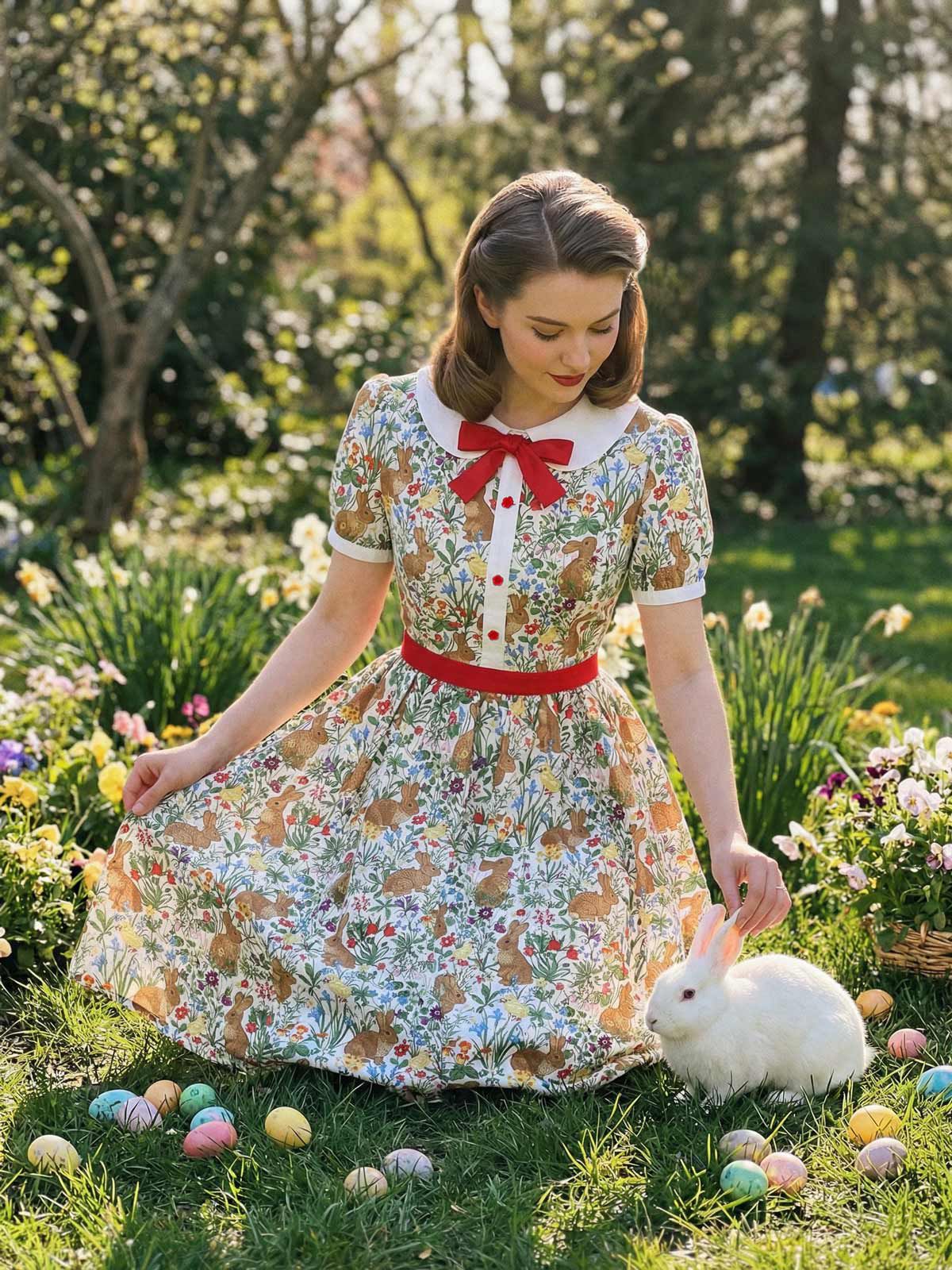 Robe col Claudine boutons floral lapin 1950s - Image 3