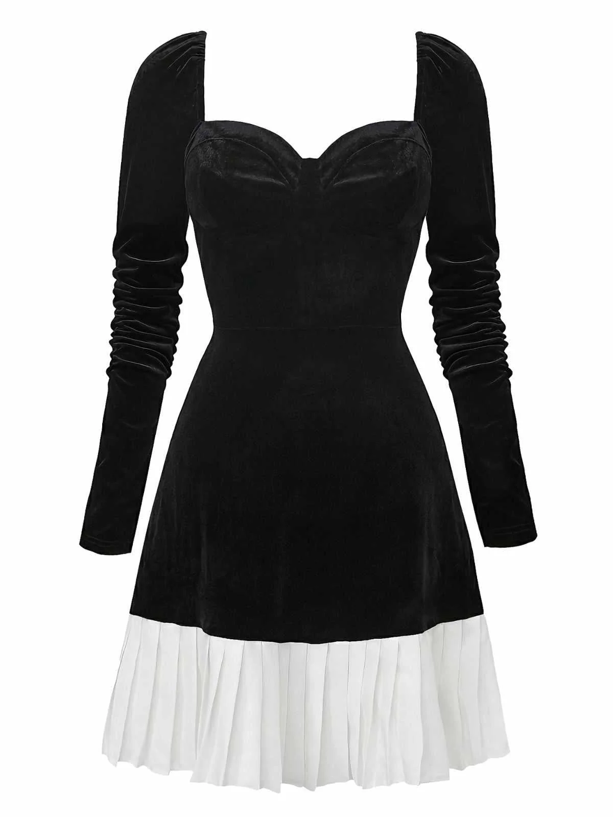 Robe col cœur et ourlet plissé en velours noir et blanc contrastée années 60 - Image 2
