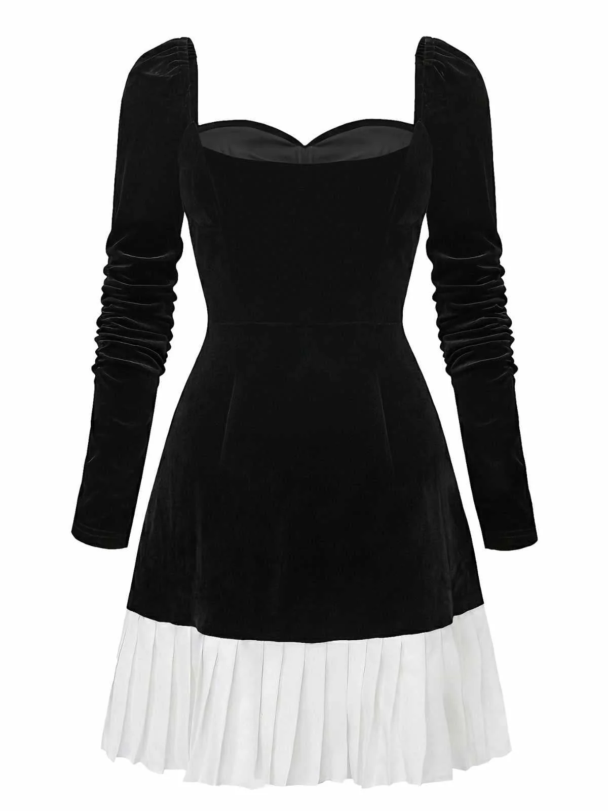 Robe col cœur et ourlet plissé en velours noir et blanc contrastée années 60 - Image 3