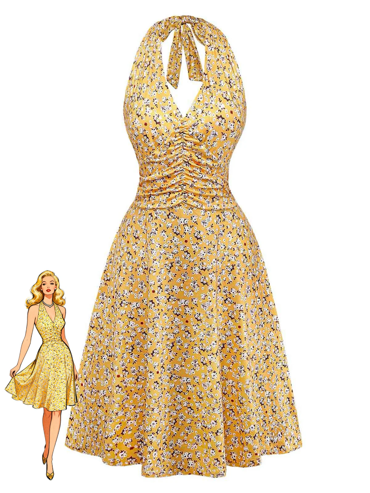 Robe Col Licou Petites Fleurs Froncé Taille Jaune Années 1950