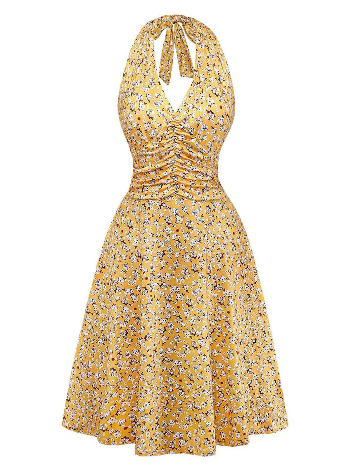 Robe Col Licou Petites Fleurs Froncé Taille Jaune Années 1950 - Image 2