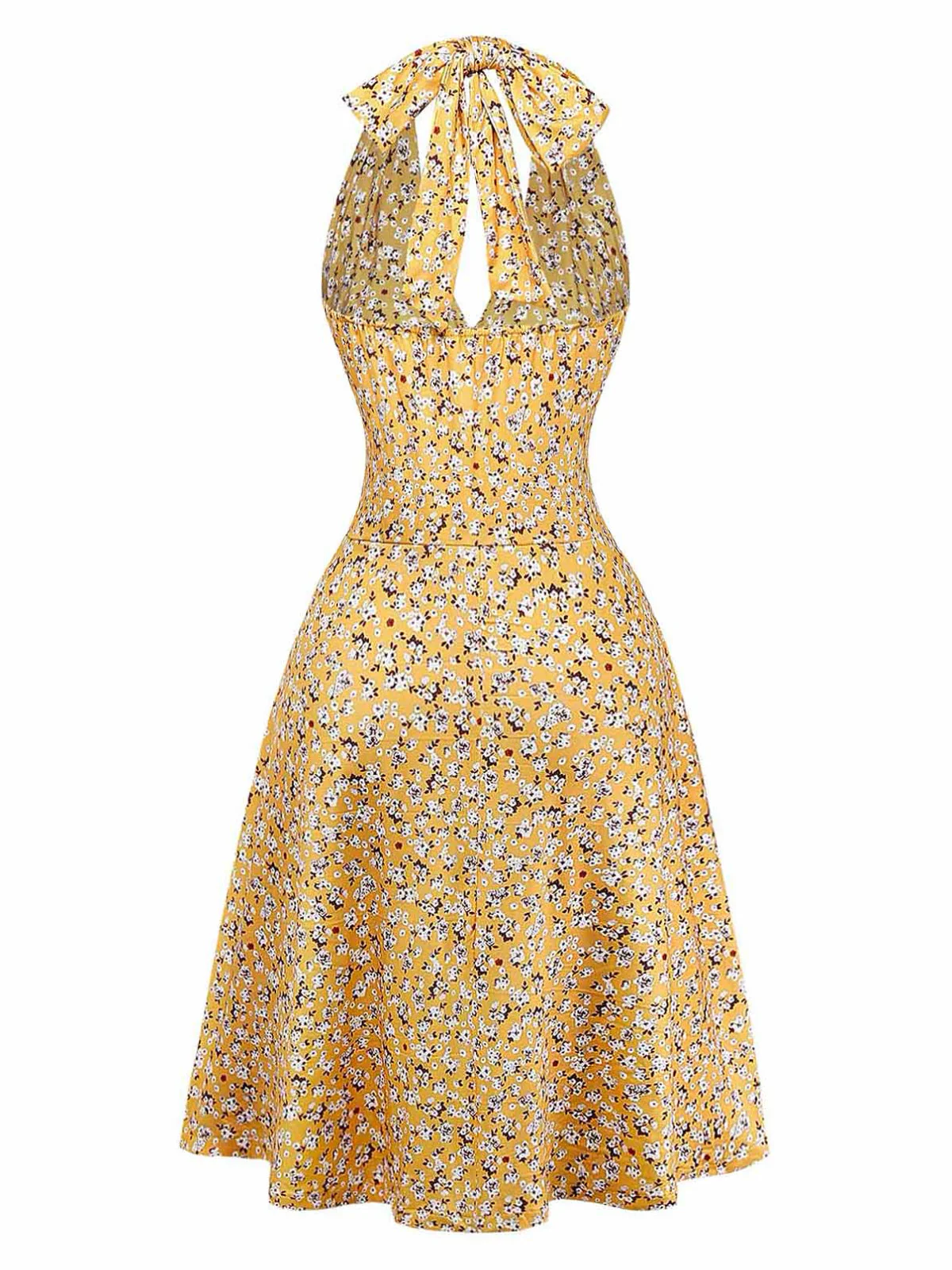 Robe Col Licou Petites Fleurs Froncé Taille Jaune Années 1950 - Image 3