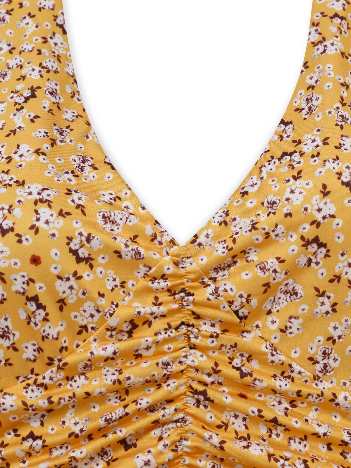 Robe Col Licou Petites Fleurs Froncé Taille Jaune Années 1950 - Image 4