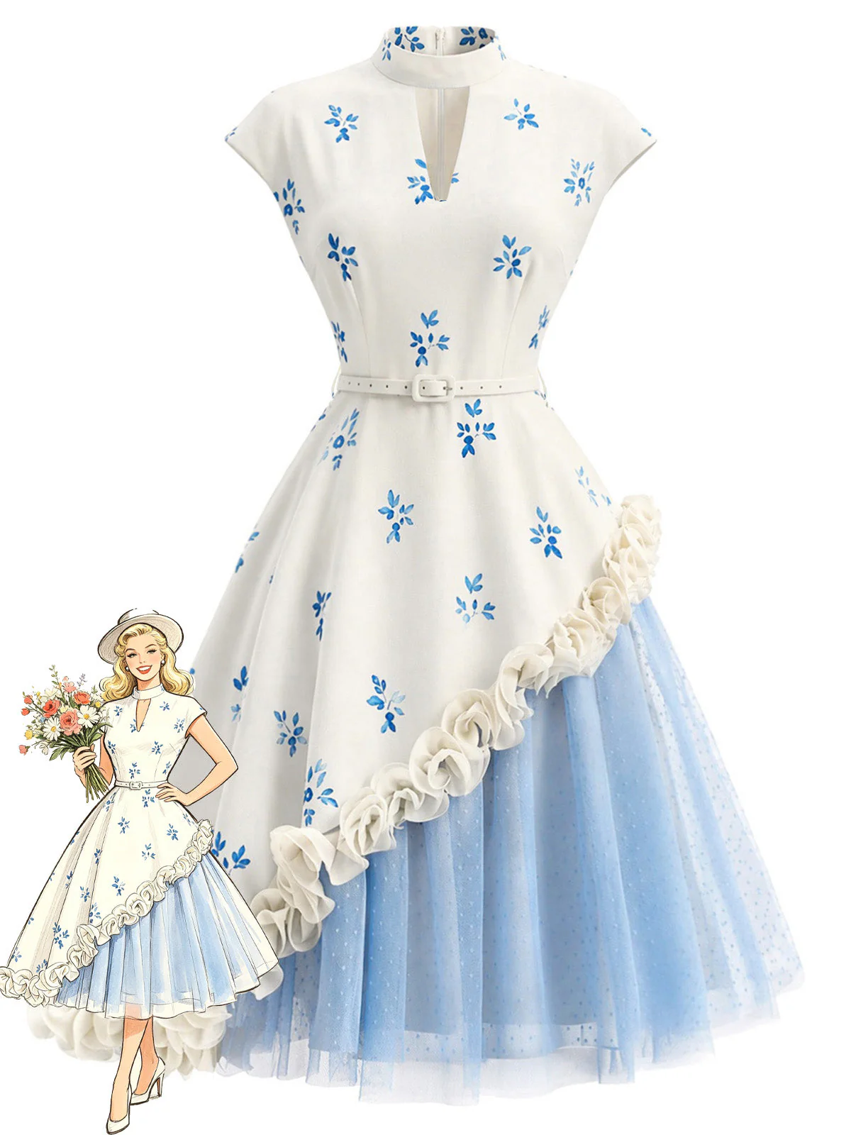 [Prévente] Robe Col Montant Rose Tulle Bleu Années 50