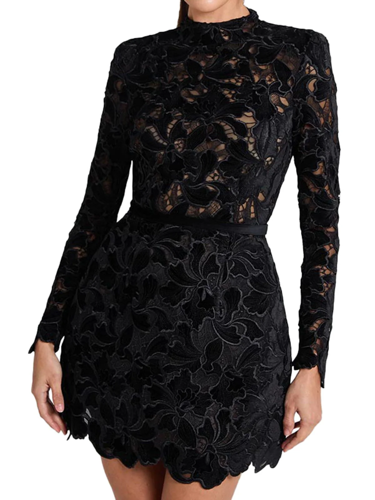 Robe col roulé mi-long en dentelle florale floquée années 1960