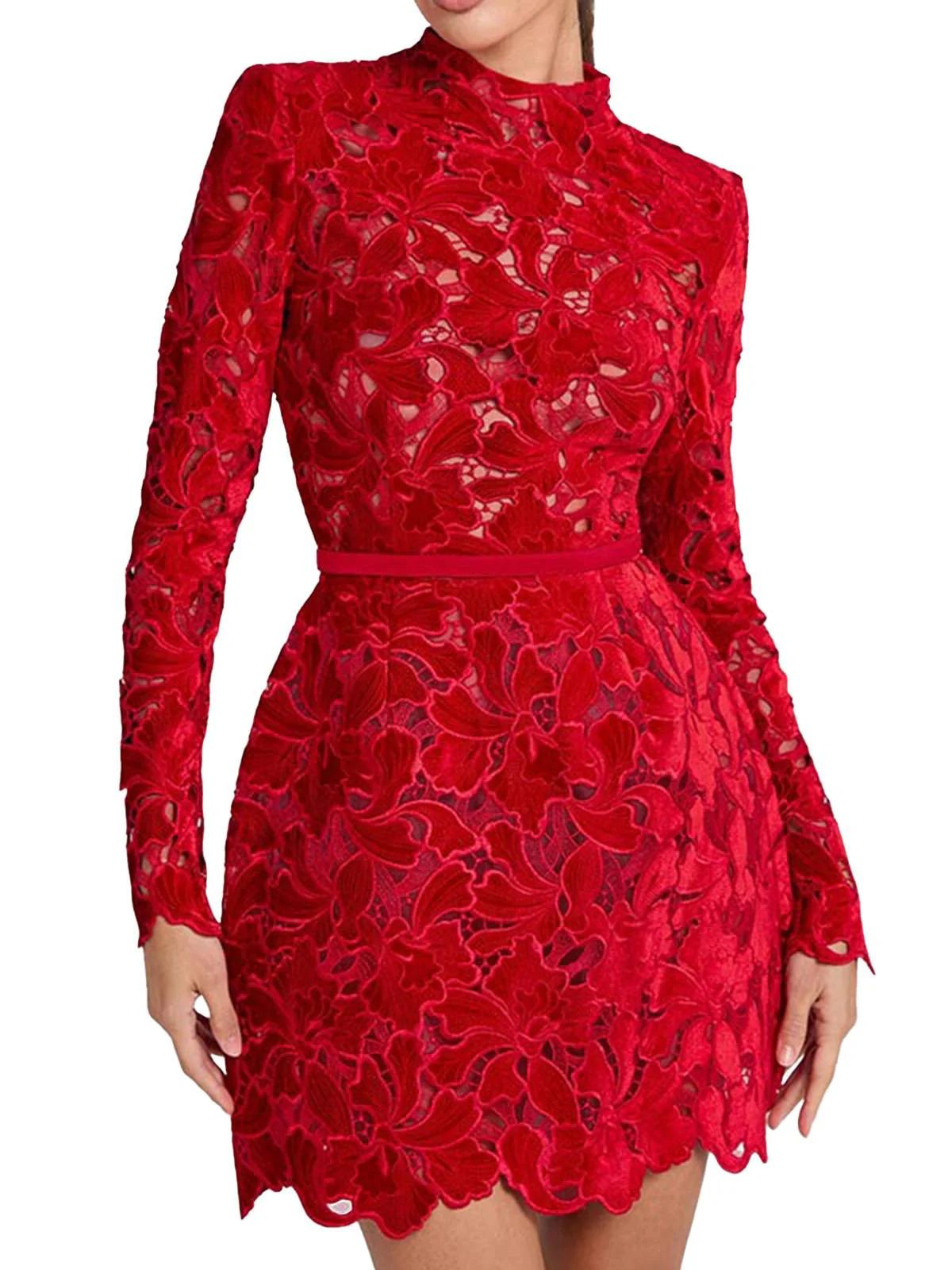 Robe col roulé mi-long en dentelle florale floquée années 1960 - Image 4