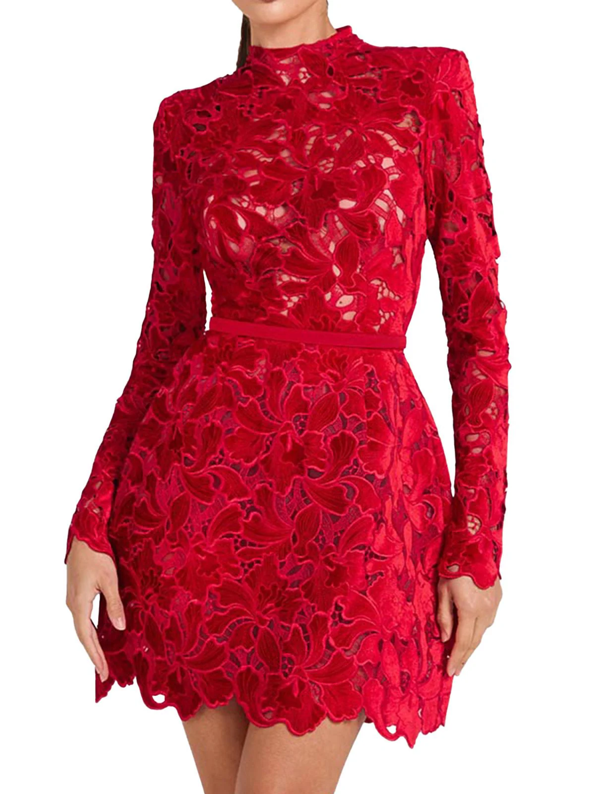 Robe col roulé mi-long en dentelle florale floquée années 1960 - Image 5