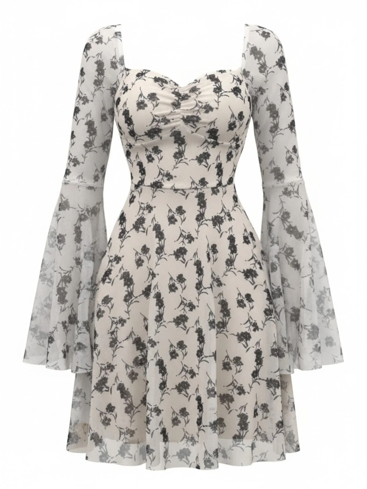 Robe courte beige fleurs décolleté cœur et manches cloche résille années 1950 - Image 3