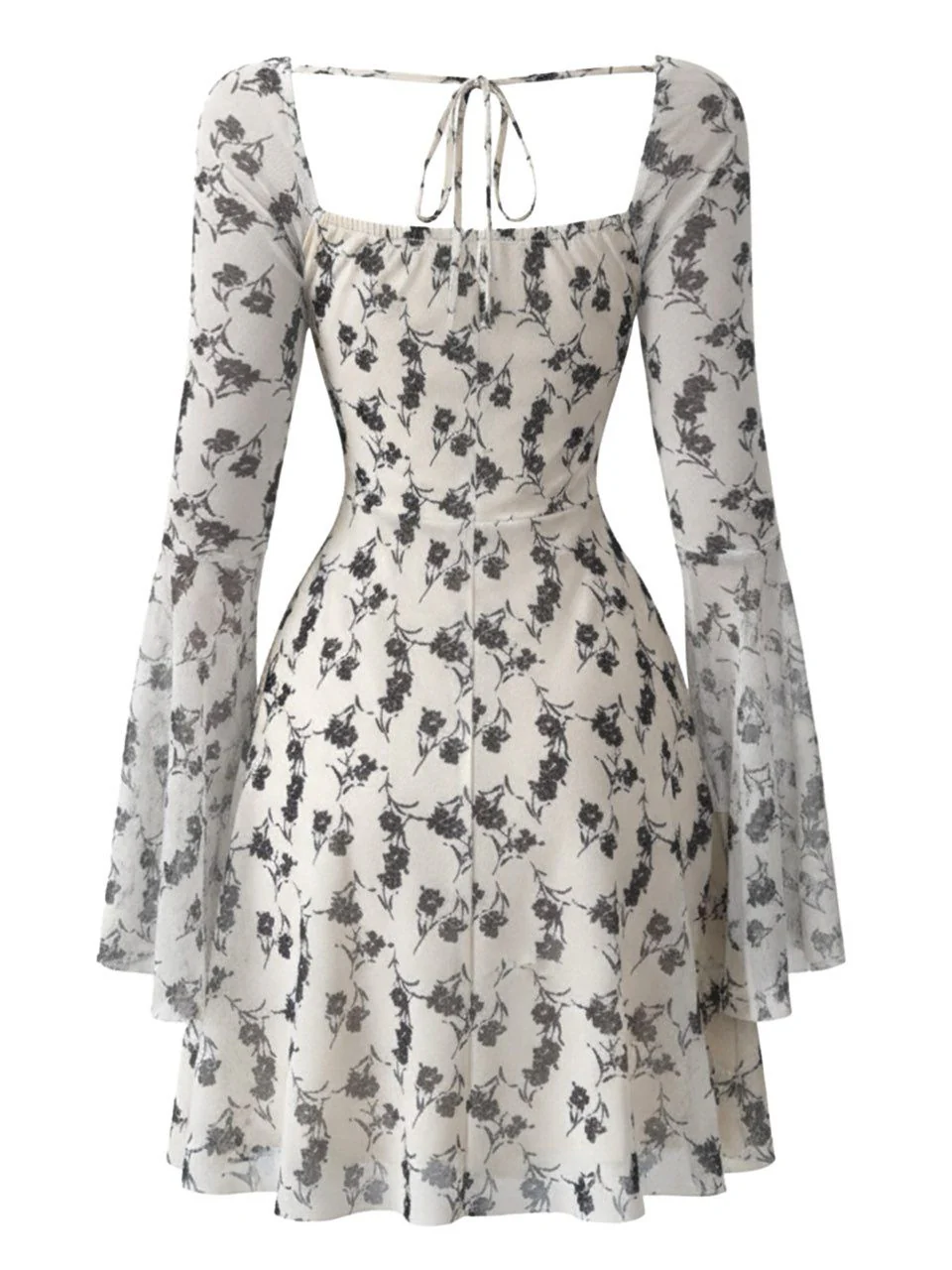 Robe courte beige fleurs décolleté cœur et manches cloche résille années 1950 - Image 4