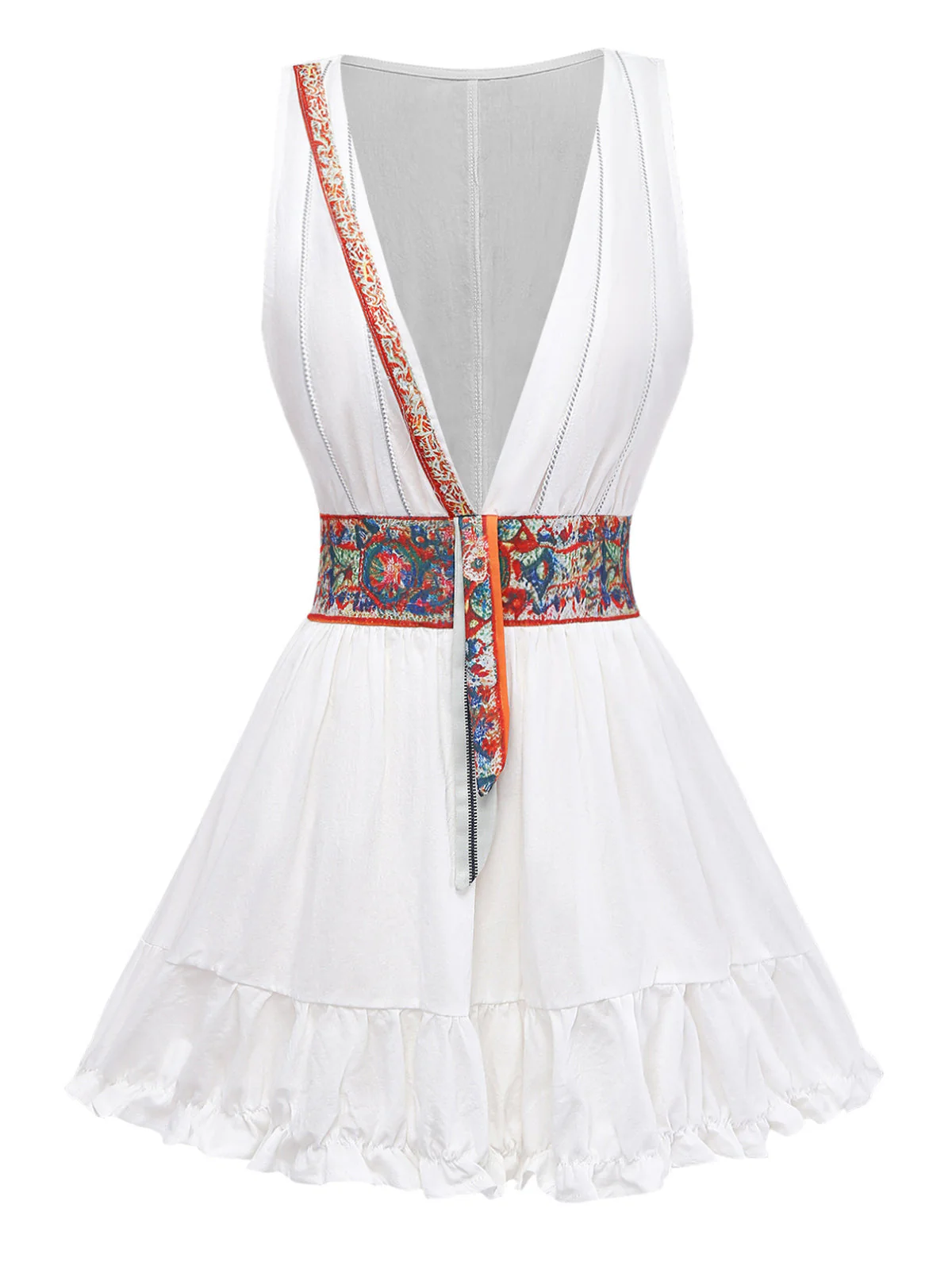 Robe courte bohème blanche sans manches col V années 1970 - Image 2