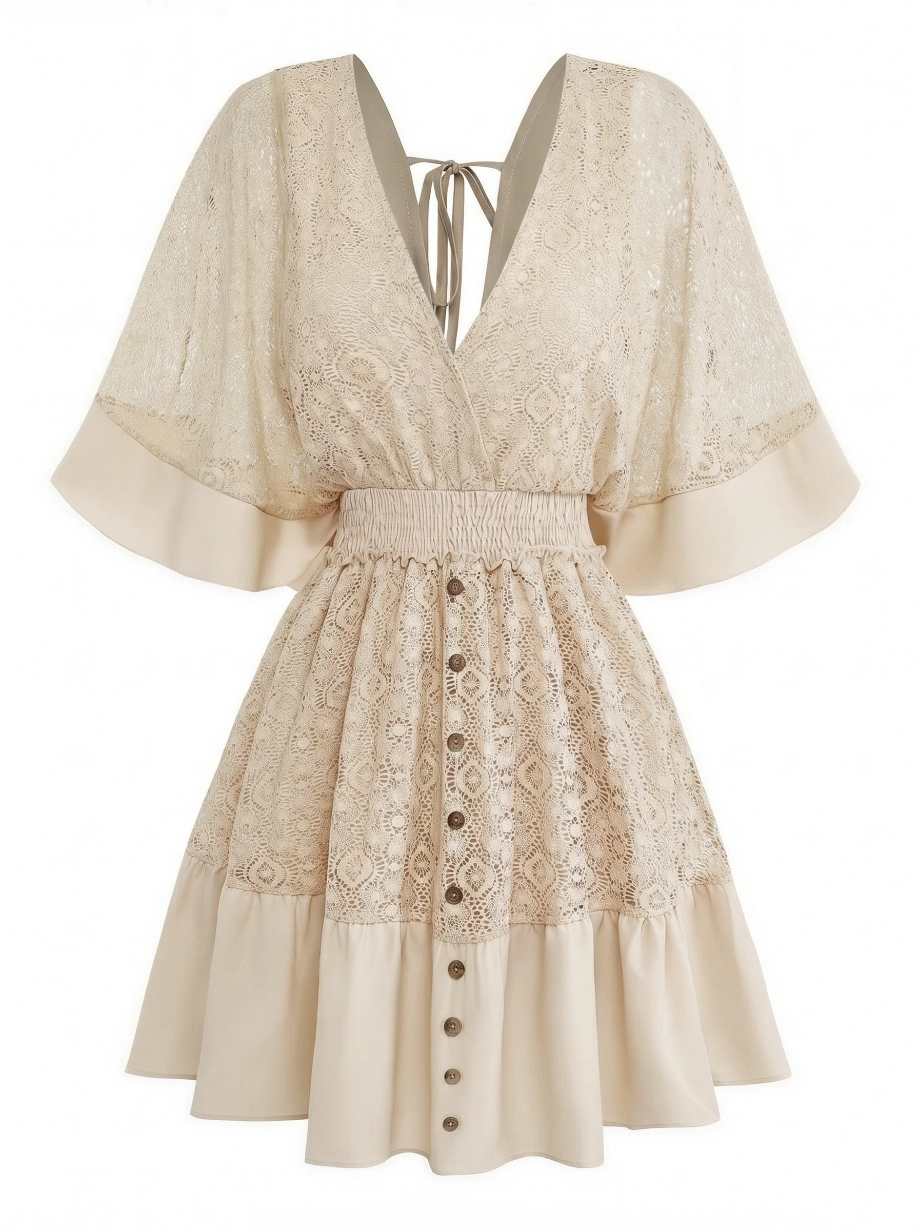 Robe Courte Bohème En Dentelle Beige Années 1970