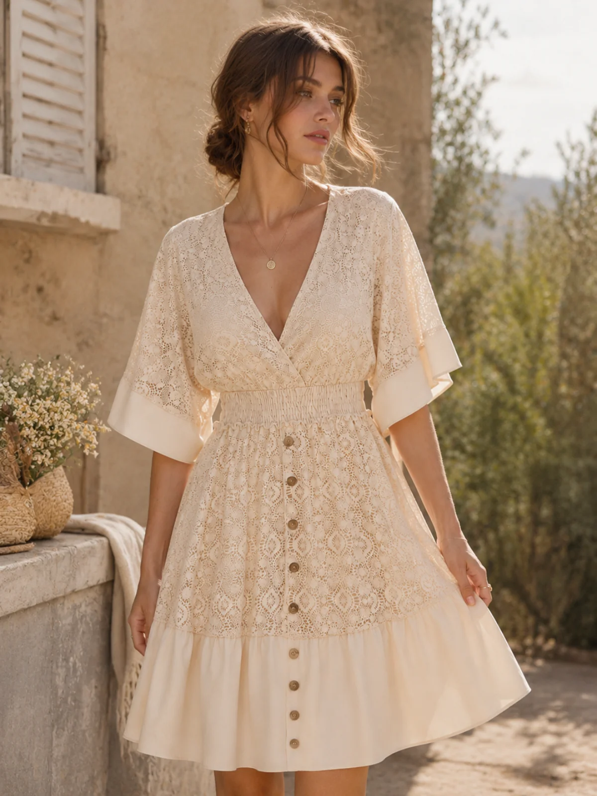 Robe Courte Bohème En Dentelle Beige Années 1970 - Image 2