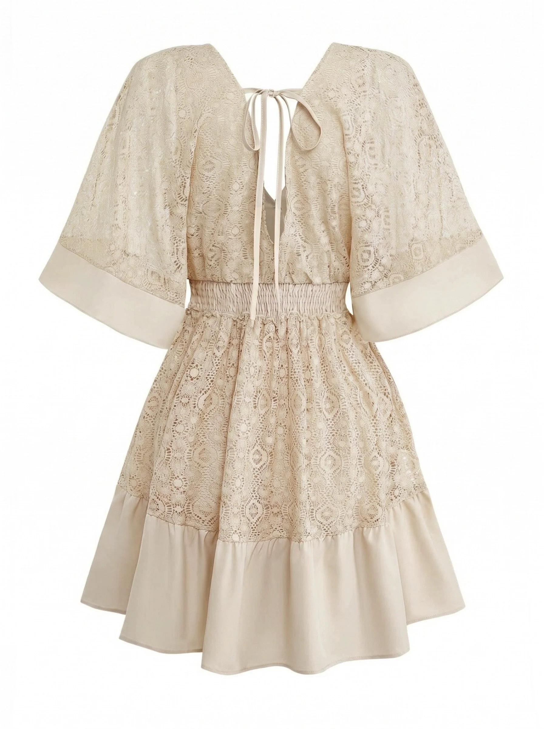 Robe Courte Bohème En Dentelle Beige Années 1970 - Image 4
