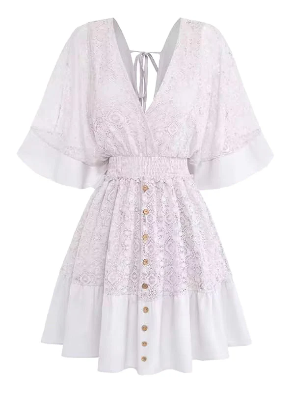 Robe Courte Bohème En Dentelle Beige Années 1970 - Image 7