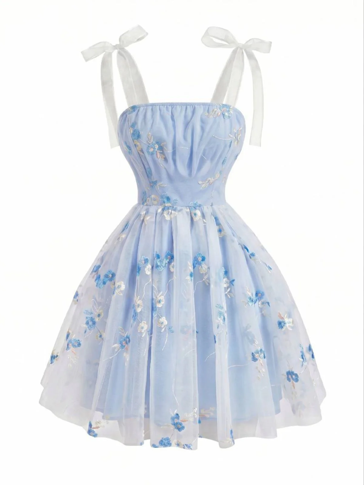 Robe Courte Bretelles Tulle Brodé Fleurs Bleu Ciel Années 1950 - Image 2
