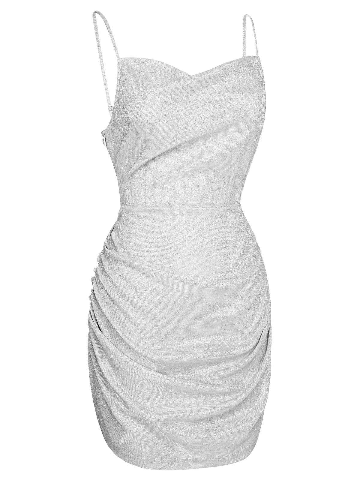 Robe crayon argentée à bretelles pailletées des années 1960 - Image 3