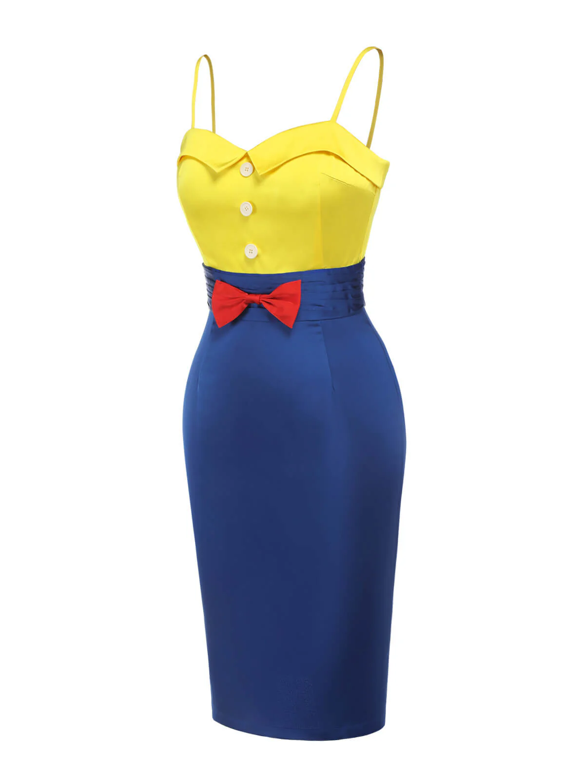 Robe crayon jaune et bleue à bretelles avec nœud des années 1960 - Image 3