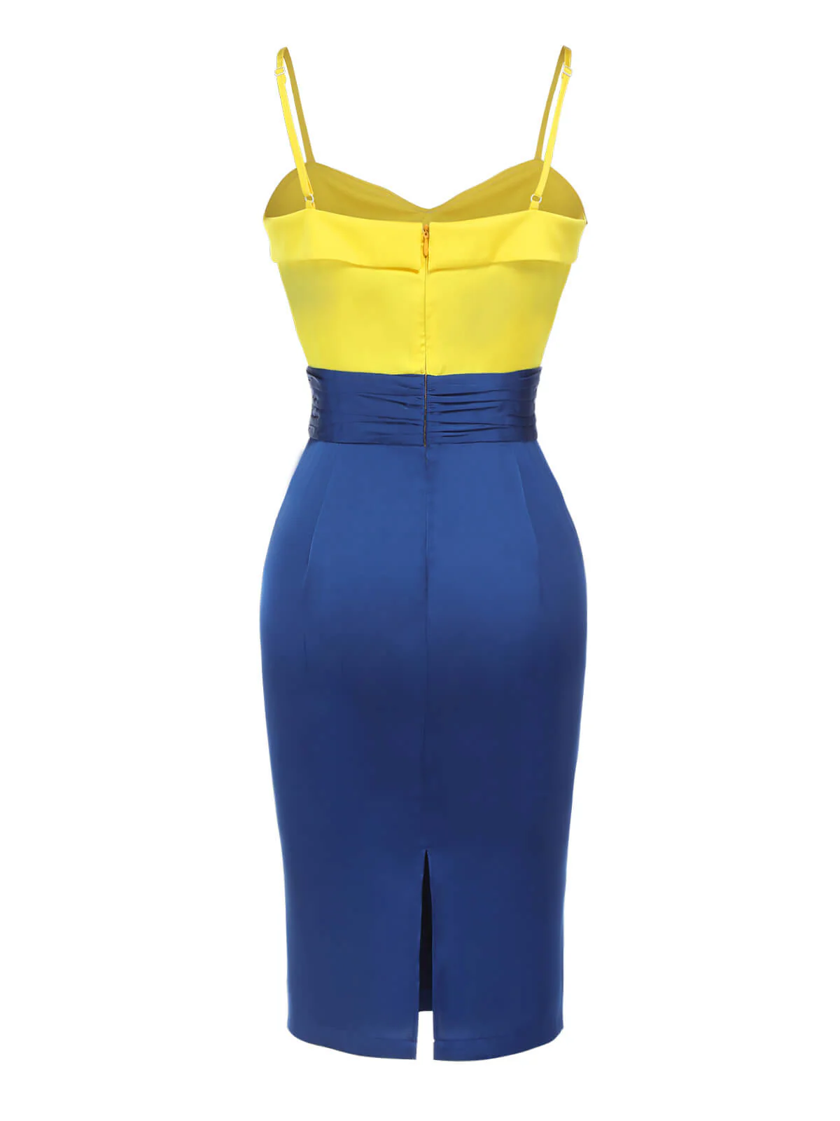 Robe crayon jaune et bleue à bretelles avec nœud des années 1960 - Image 4