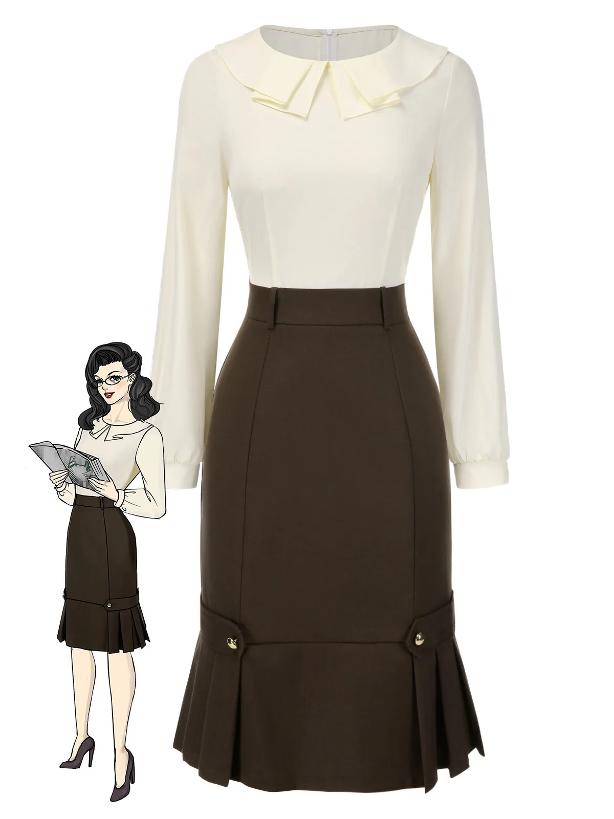 Robe crayon marron et col contrasté années 1960
