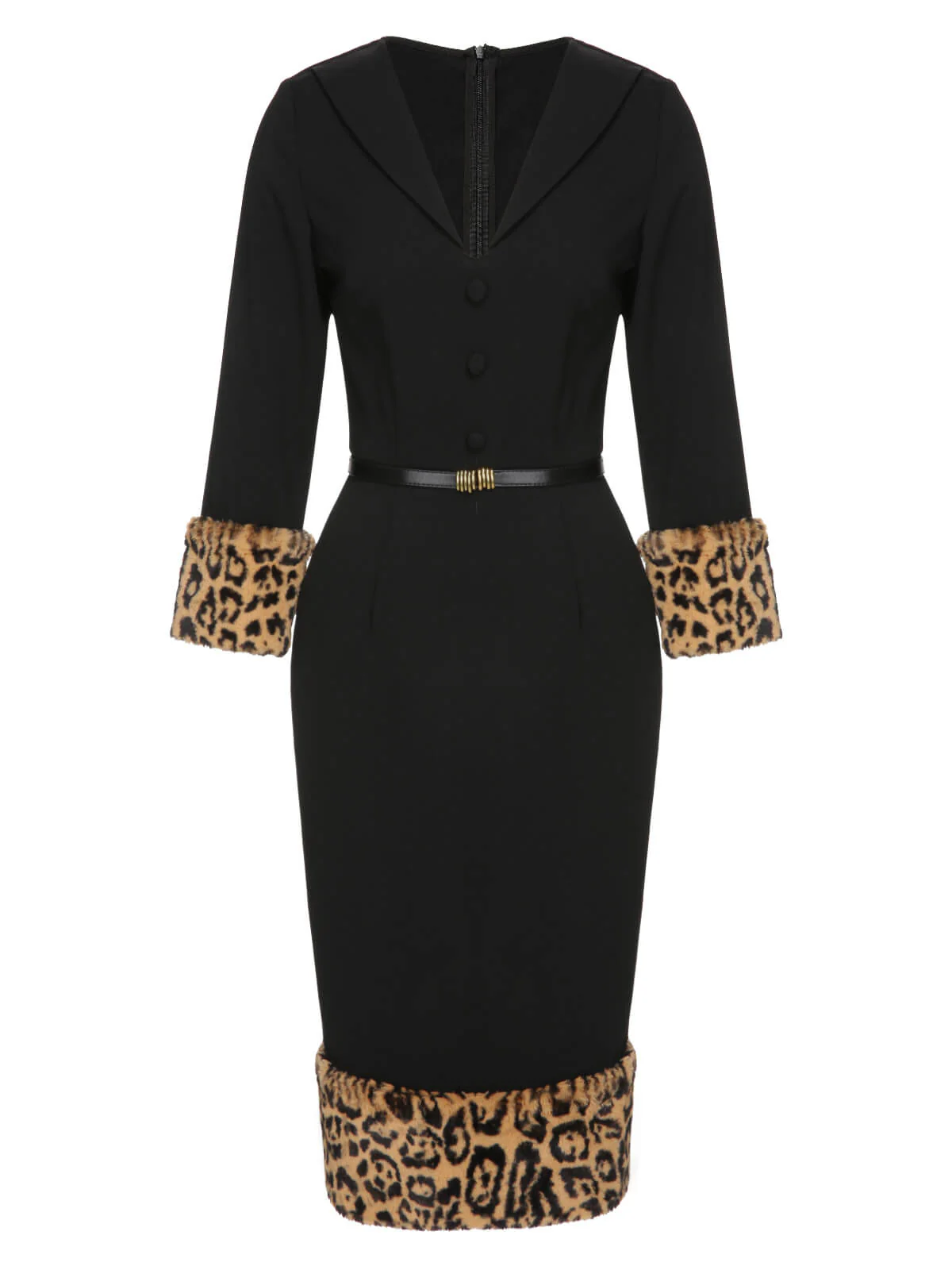 Robe crayon noire à col en V en peluche léopard des années 1960 - Image 6