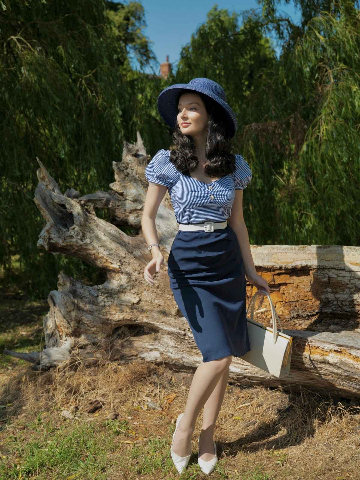 Robe crayon rayures bleu foncé manches bouffantes années 1960 - Image 3