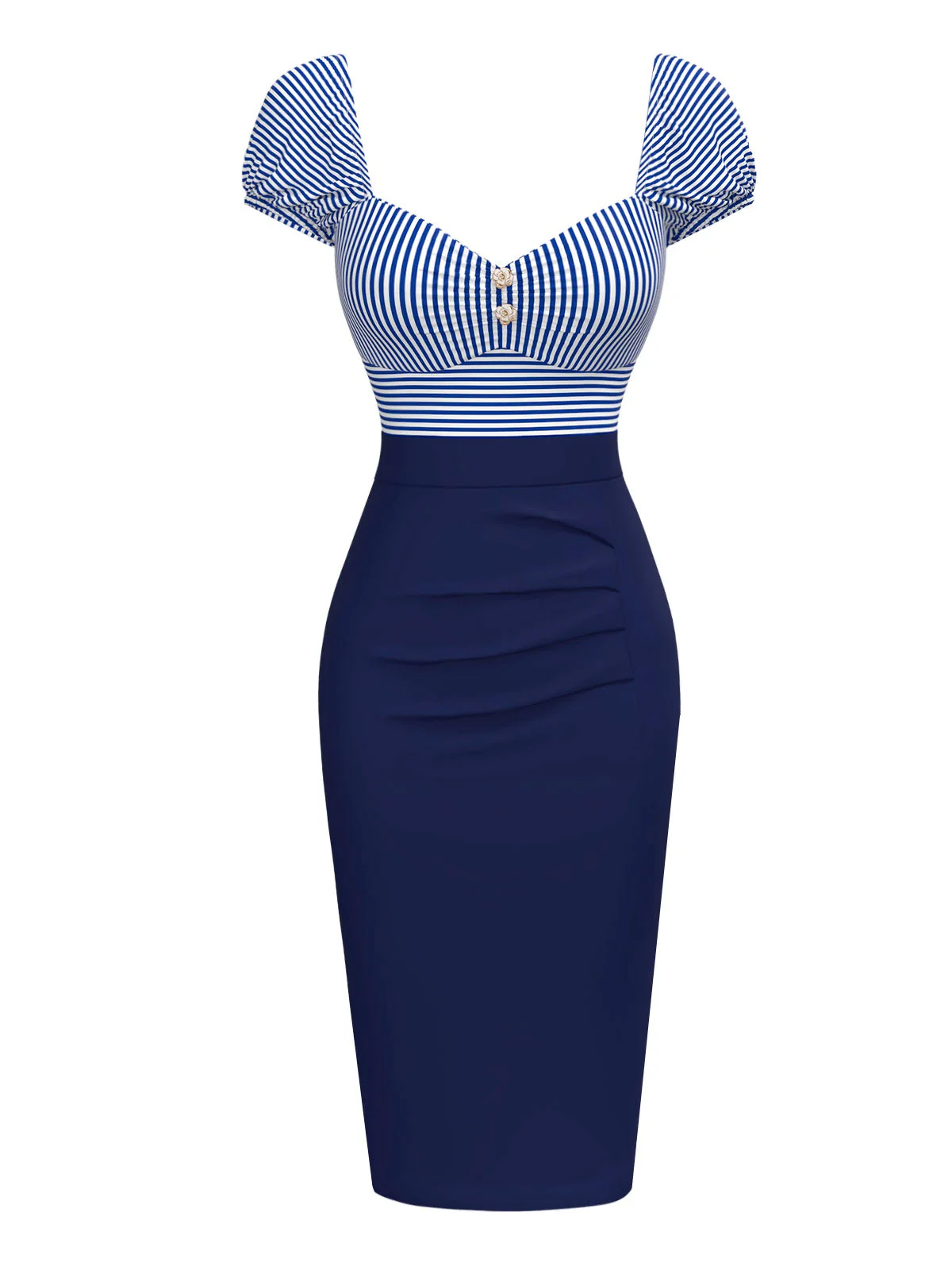 Robe crayon rayures bleu foncé manches bouffantes années 1960 - Image 4