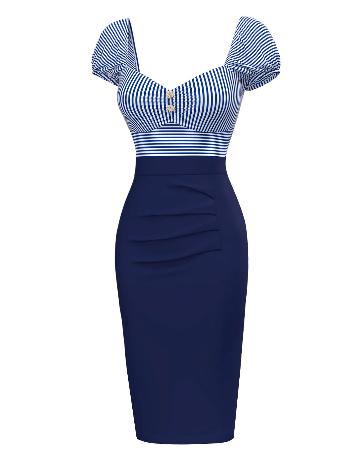 Robe crayon rayures bleu foncé manches bouffantes années 1960 - Image 5