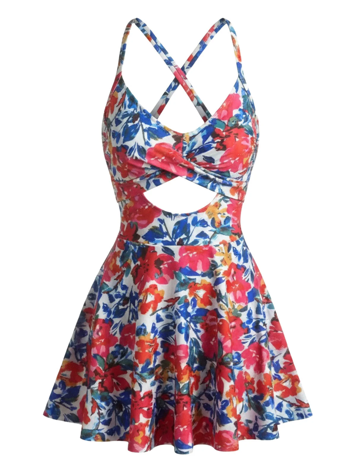 Robe de bain colorblock motif floral et découpes années 50