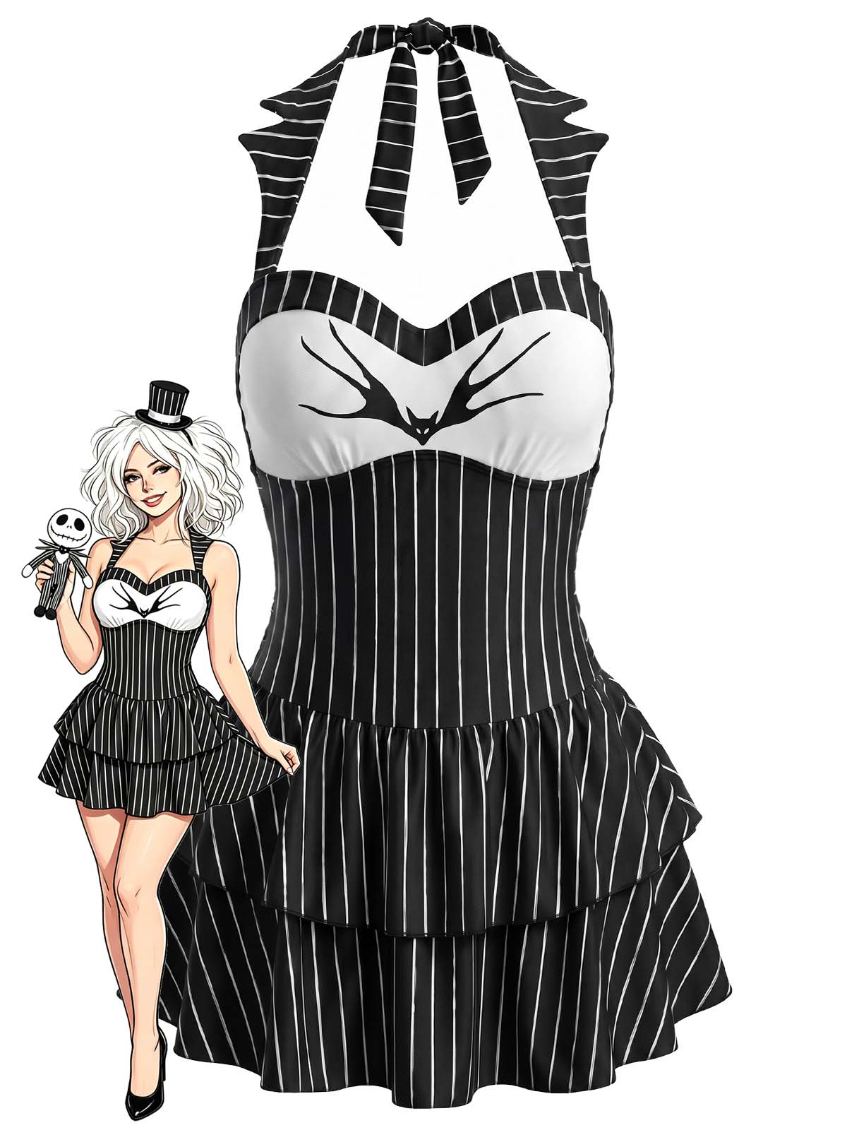 Robe de bain dos nu noire gothique rayures fines et motif chauve-souris années 50