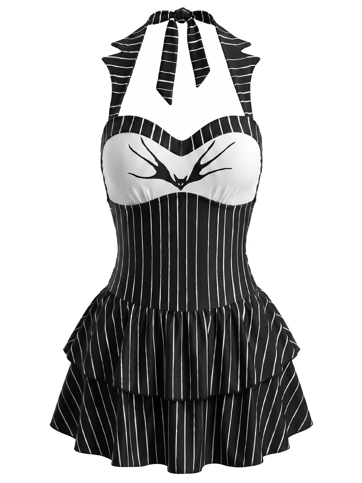 Robe de bain dos nu noire gothique rayures fines et motif chauve-souris années 50 - Image 2