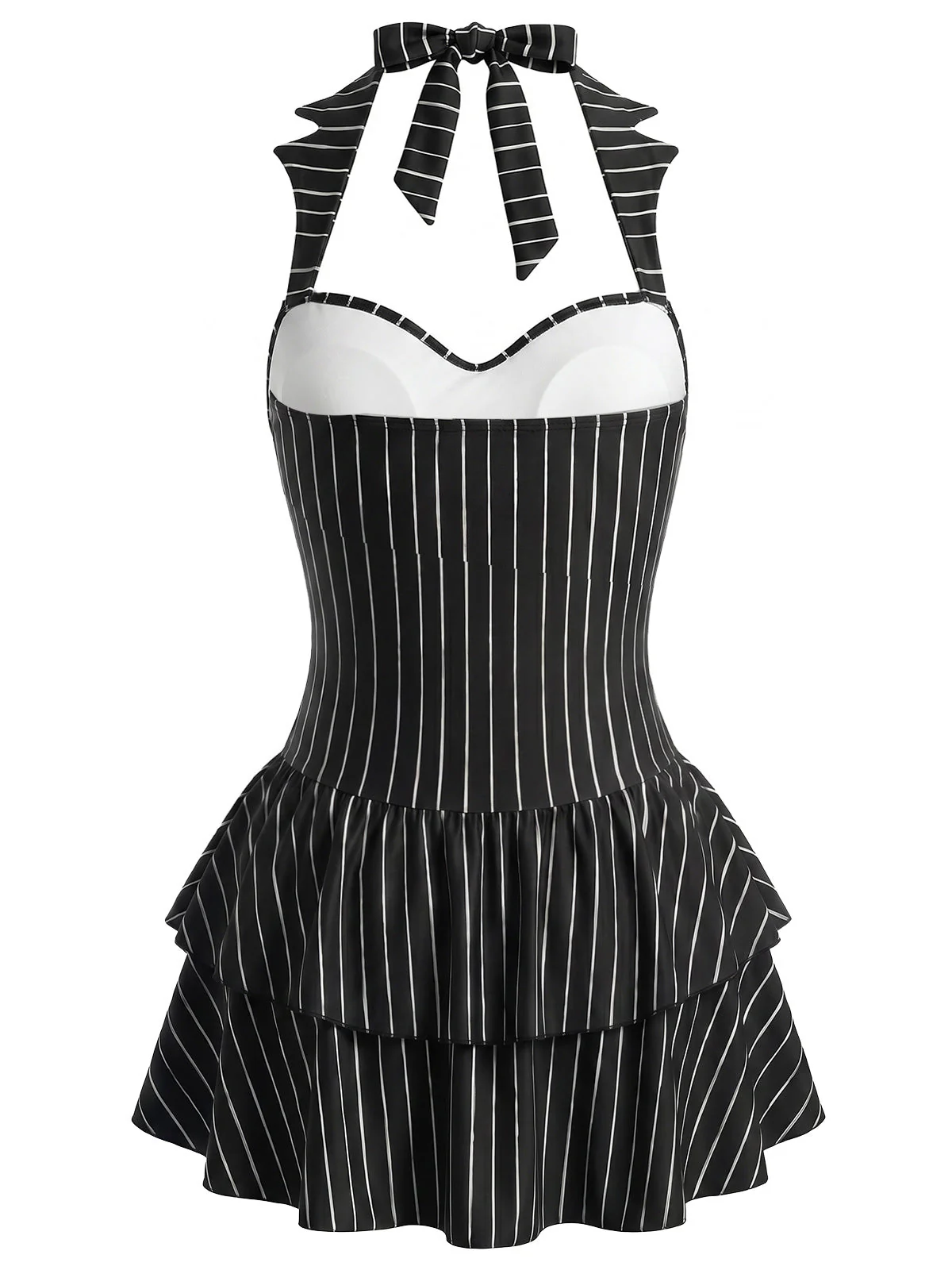 Robe de bain dos nu noire gothique rayures fines et motif chauve-souris années 50 - Image 3
