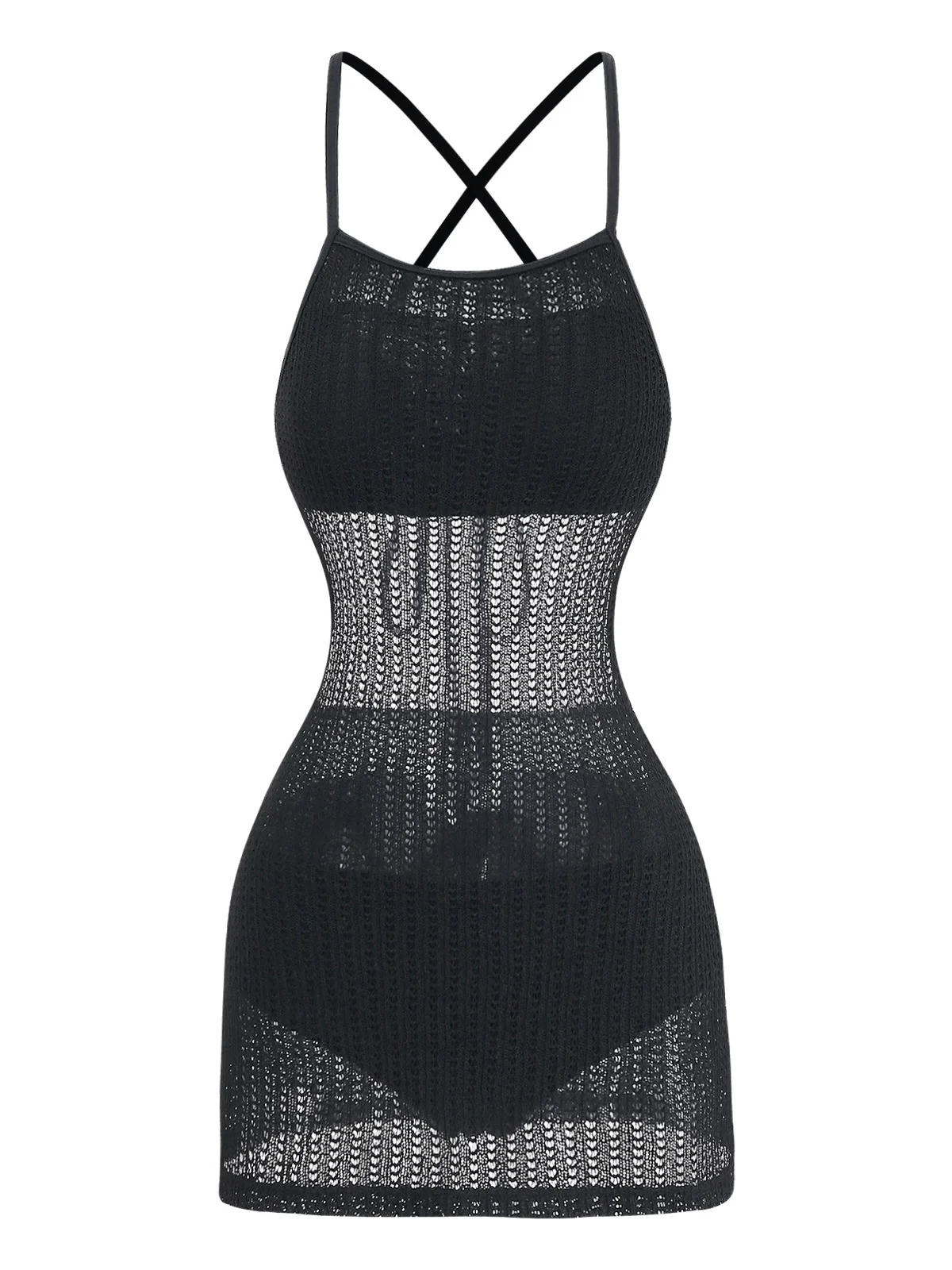 Robe de bain noire sans manches au dos croisé et crocheté années 80 - Image 2