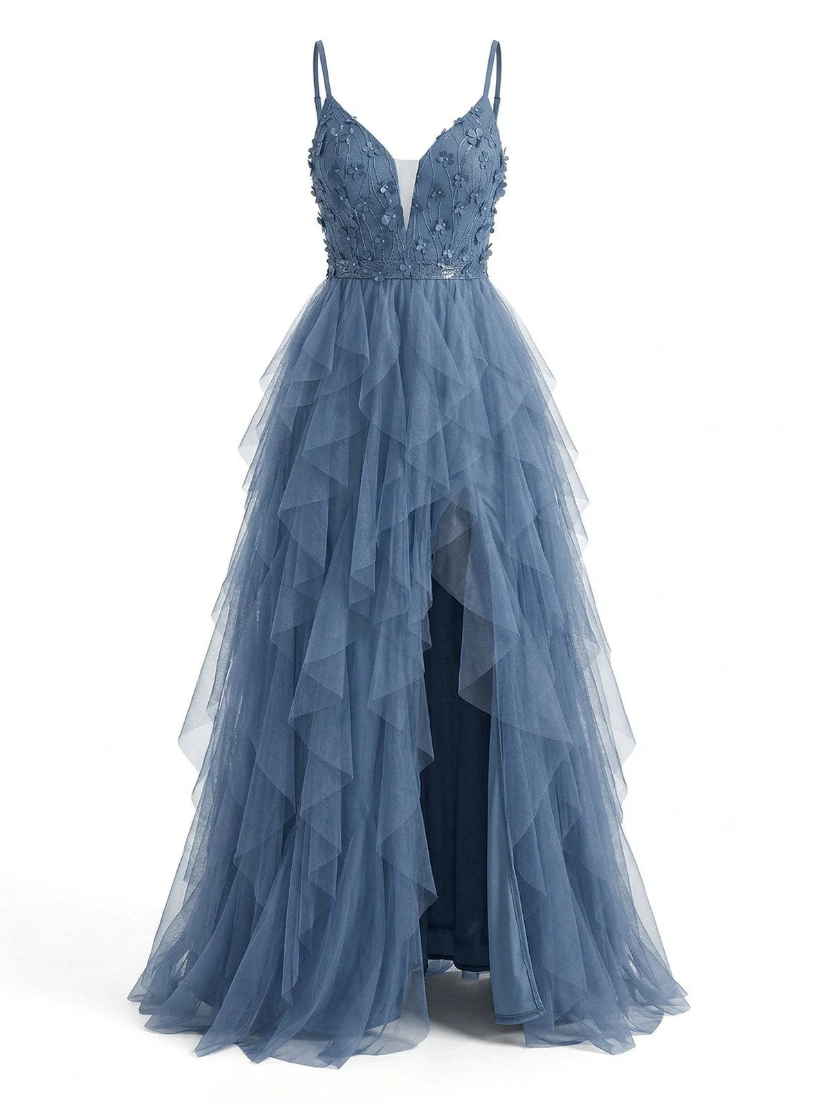 Robe de bal à volants fendue tulle pailleté ornée d'appliqués années 1930