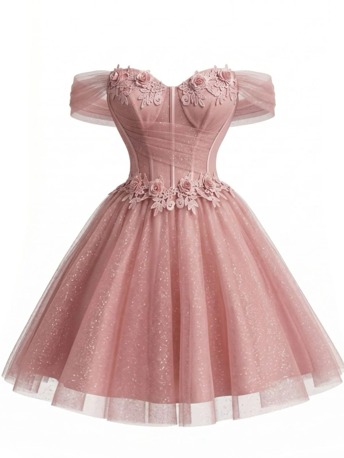 Robe de bal rose motif floral épaules dénudées et tulle pailleté années 1950
