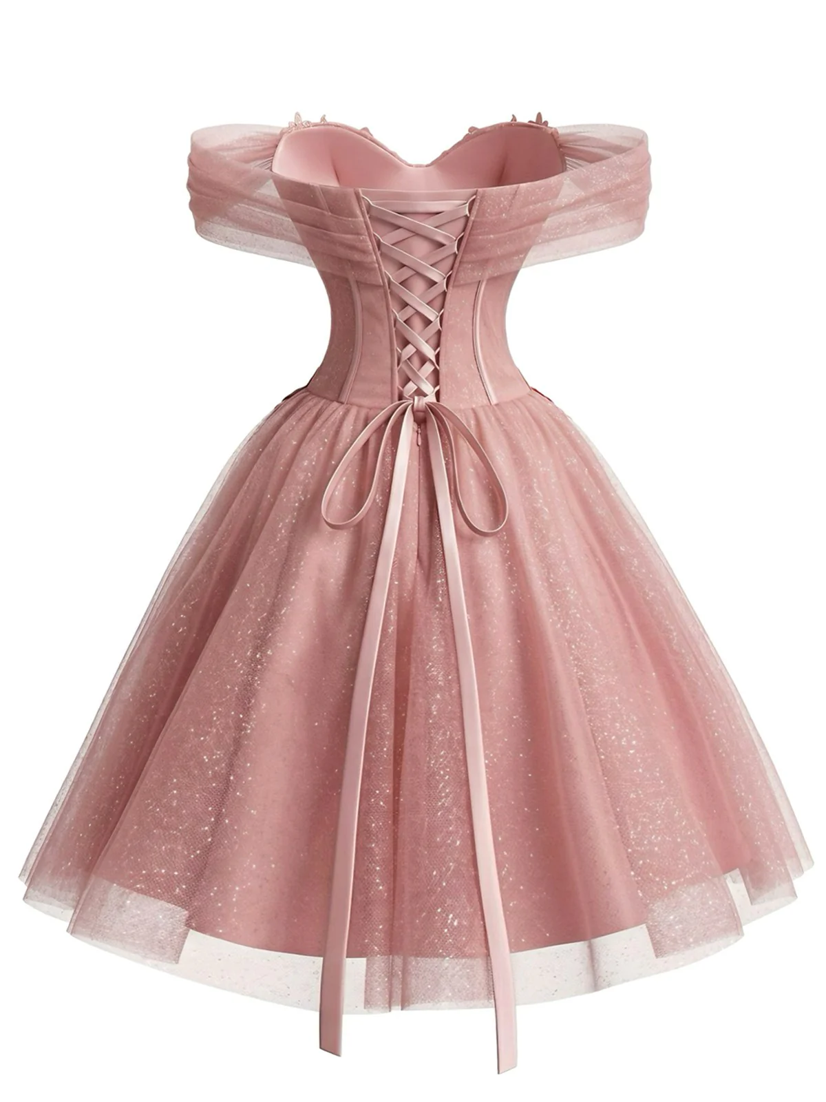 Robe de bal rose motif floral épaules dénudées et tulle pailleté années 1950 - Image 2