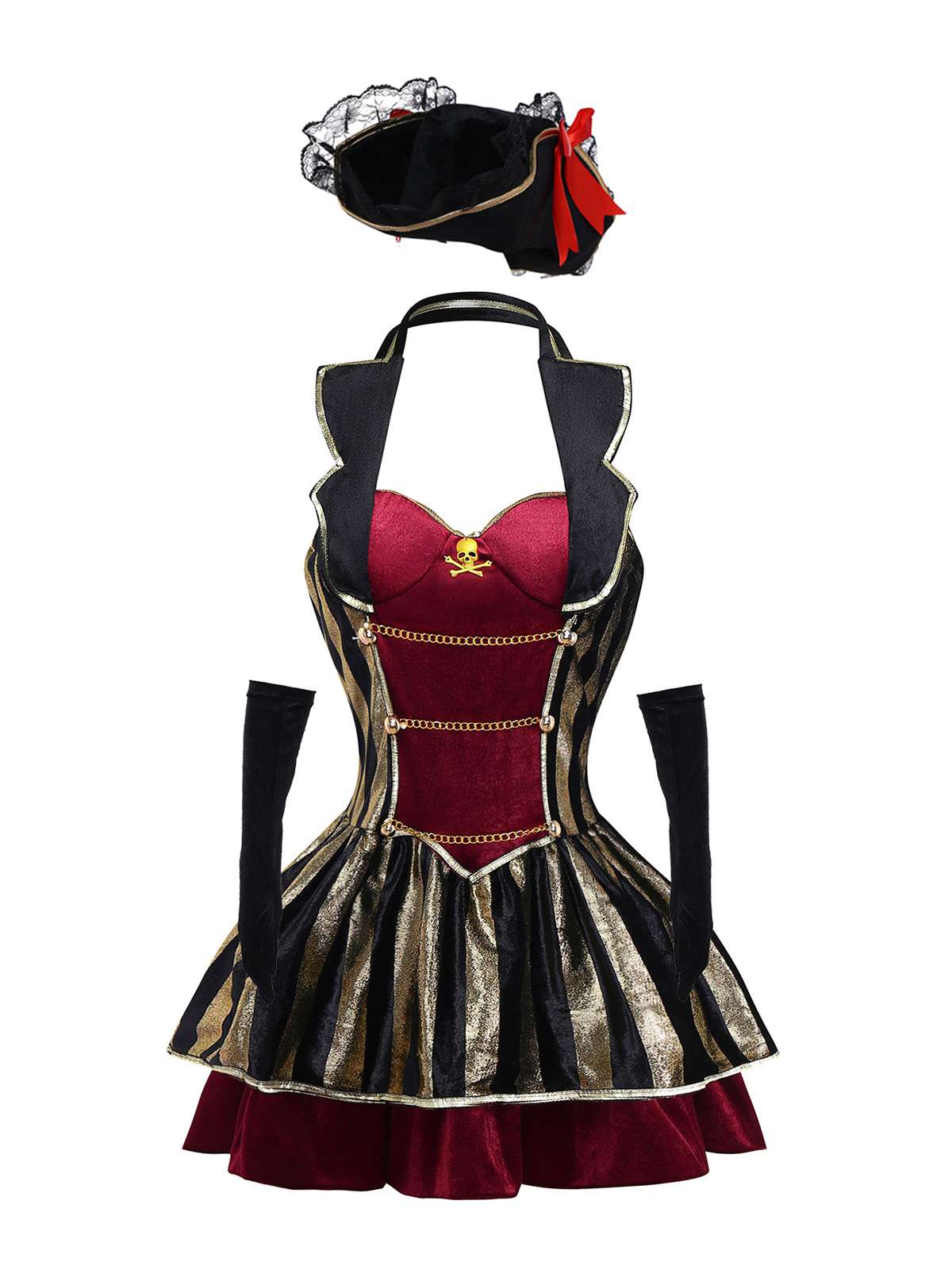Robe de capitaine pirate Halloween en velours rouge vin des années 1970
