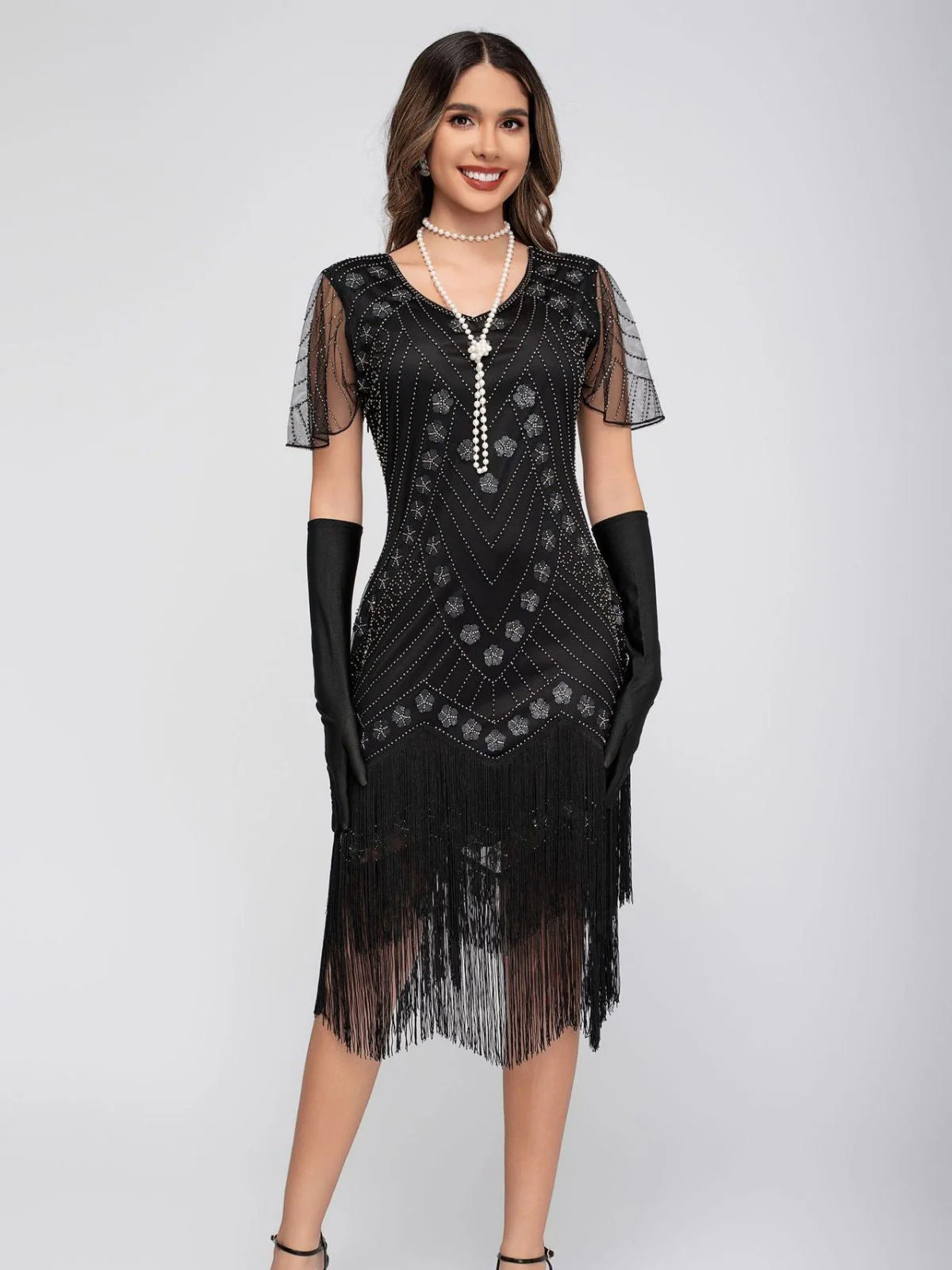 Robe de charleston manches courtes paillettes et franges des années 1920 - Image 6