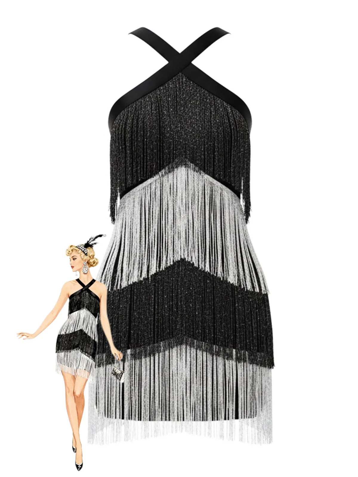 Robe de cocktail noire à bretelles franges et sequins années 1920