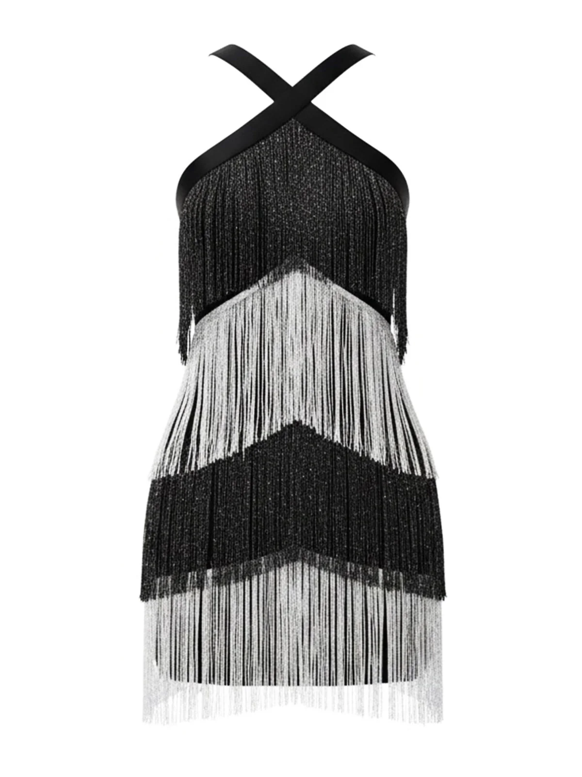 Robe de cocktail noire à bretelles franges et sequins années 1920 - Image 5