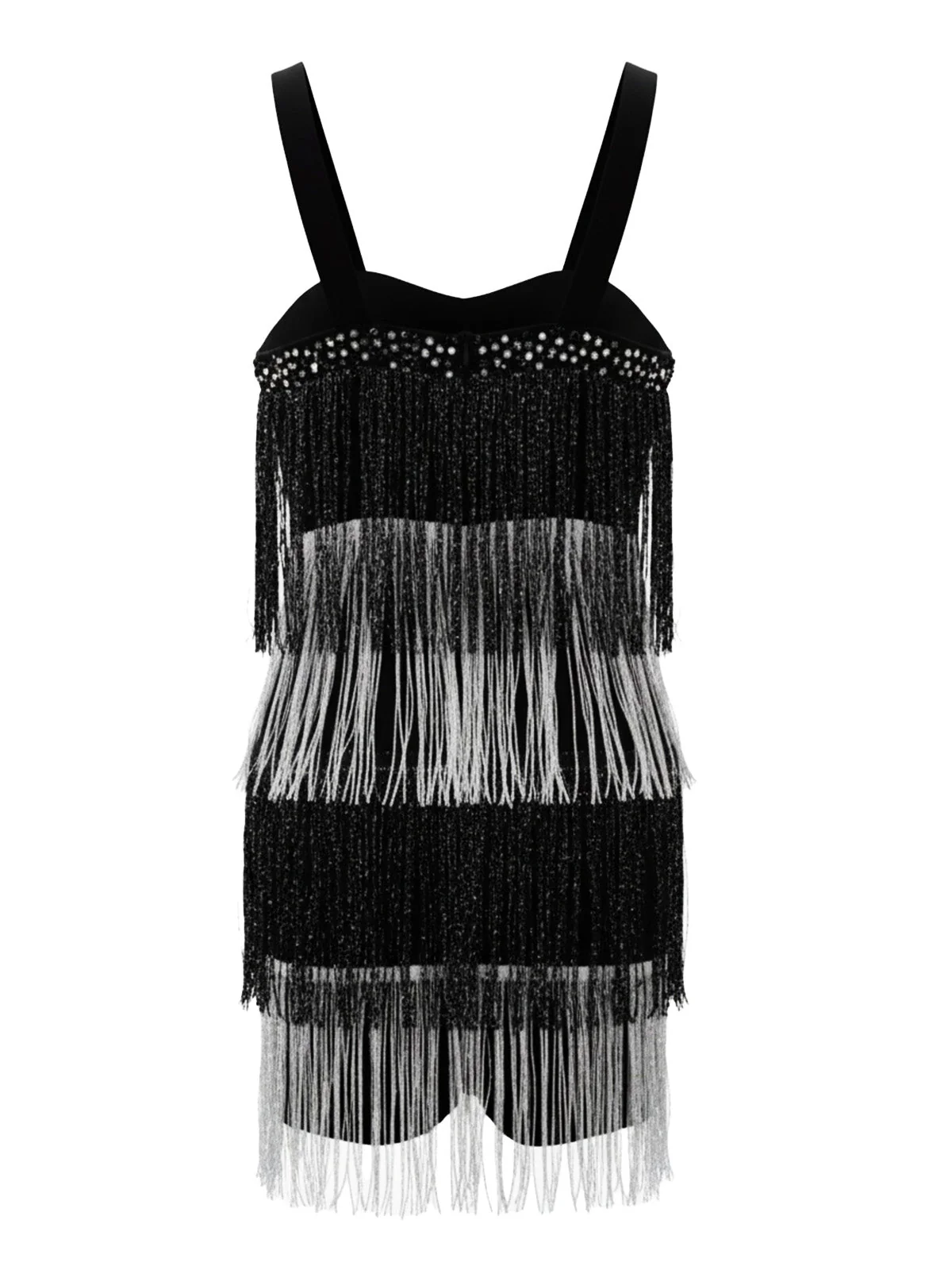 Robe de cocktail noire à bretelles franges et sequins années 1920 - Image 6