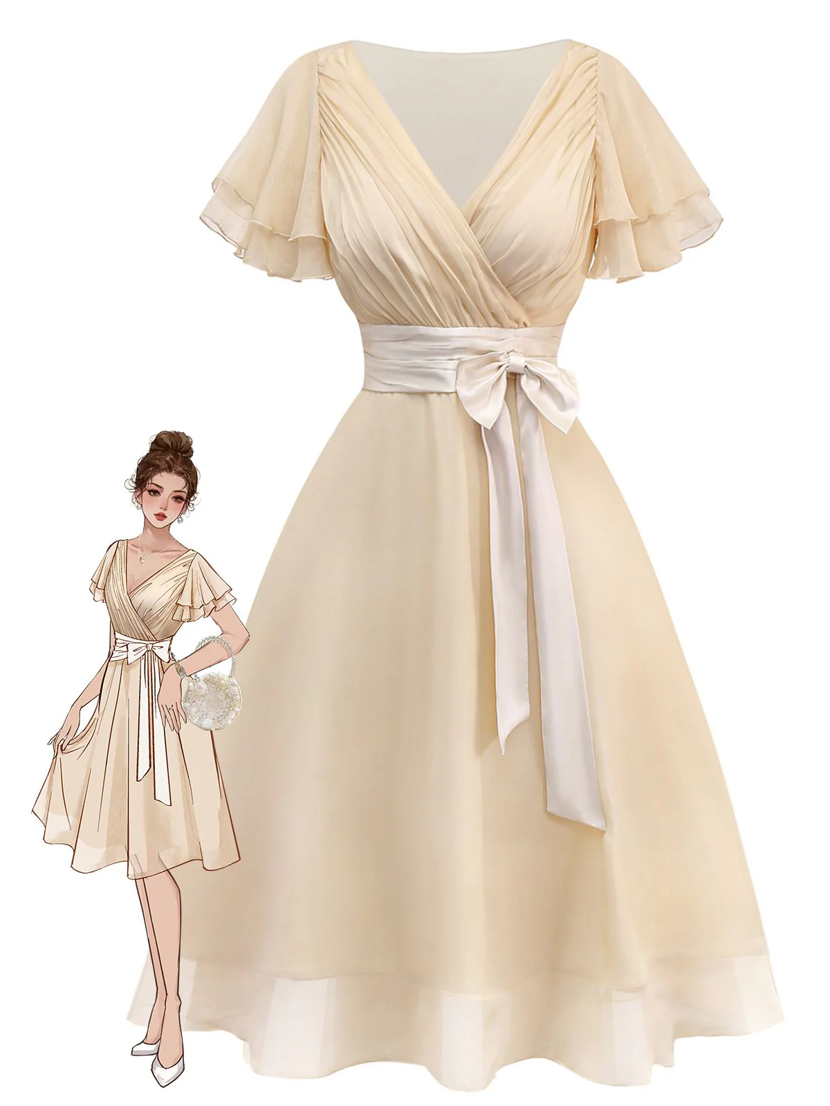 Robe de cocktail champagne en tulle satiné 1950s - Image 6