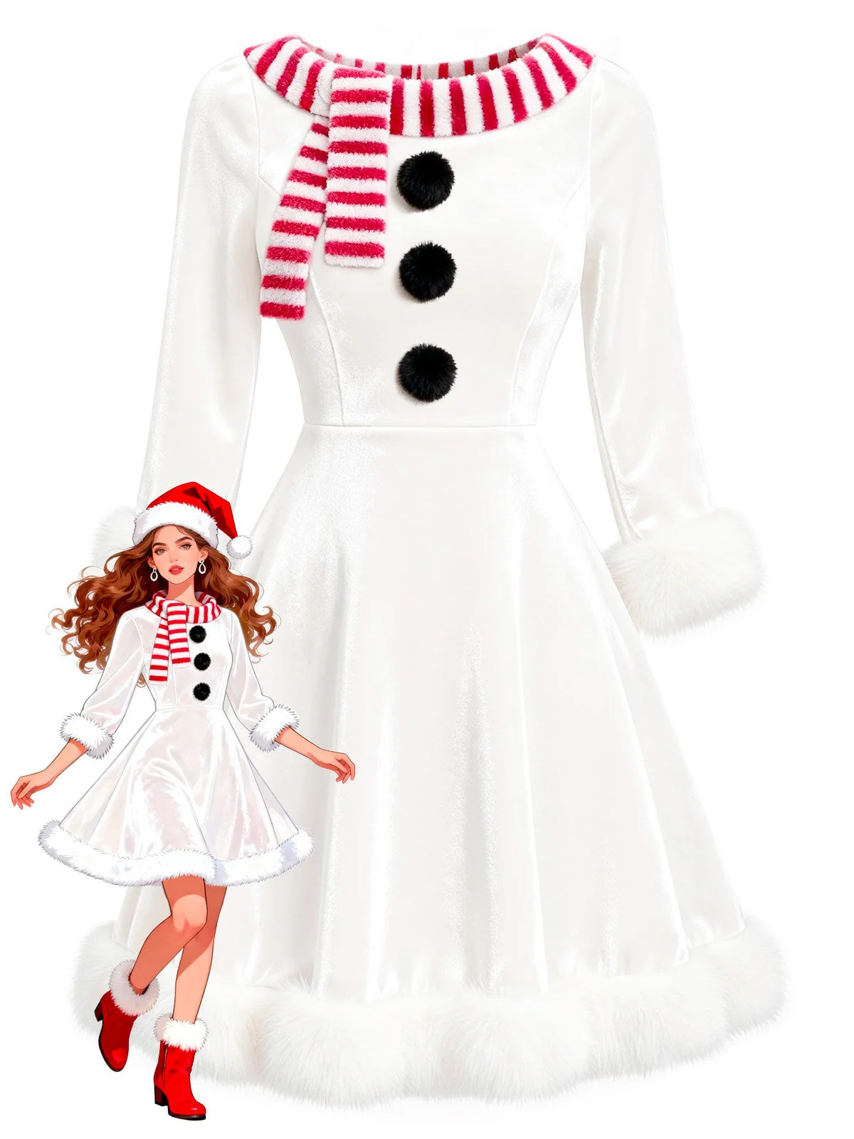 Robe de Noël en velours blanche bonhomme de neige années 1950