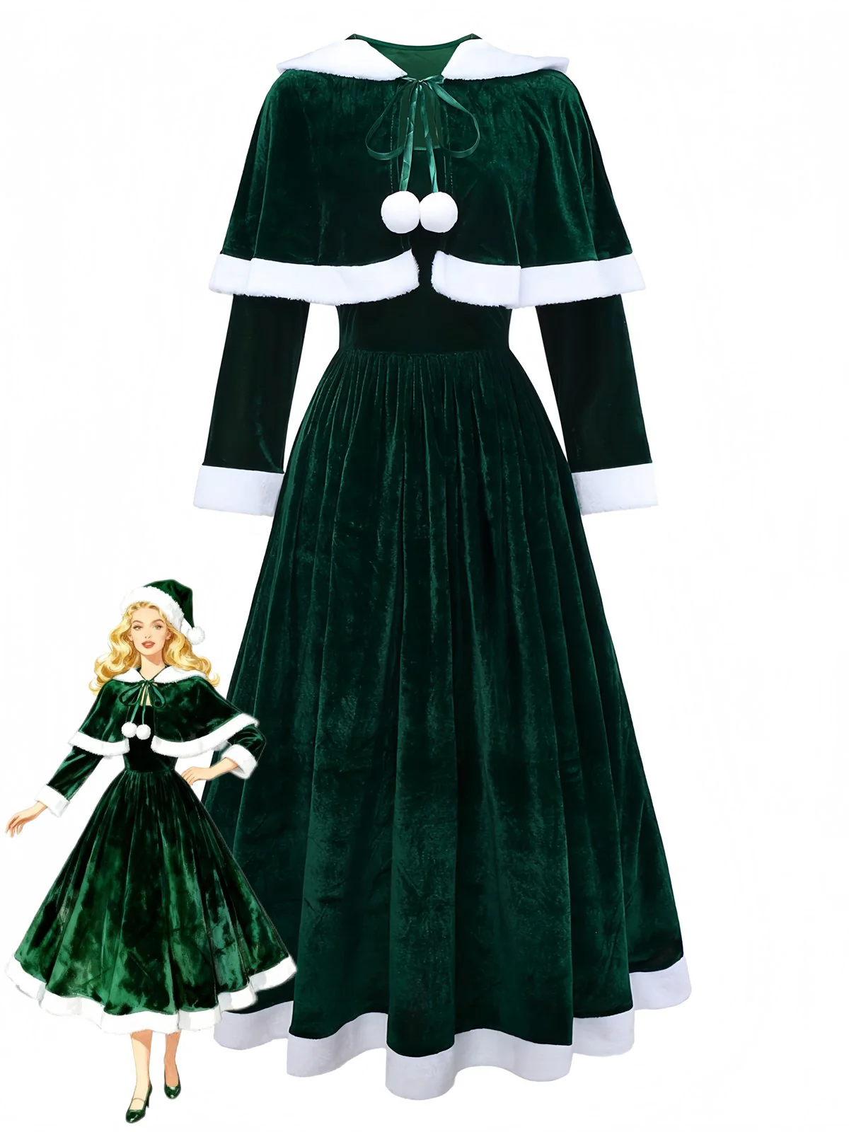 Robe de Noël rouge en velours avec cape du Père Noël des années 1930 - Image 3