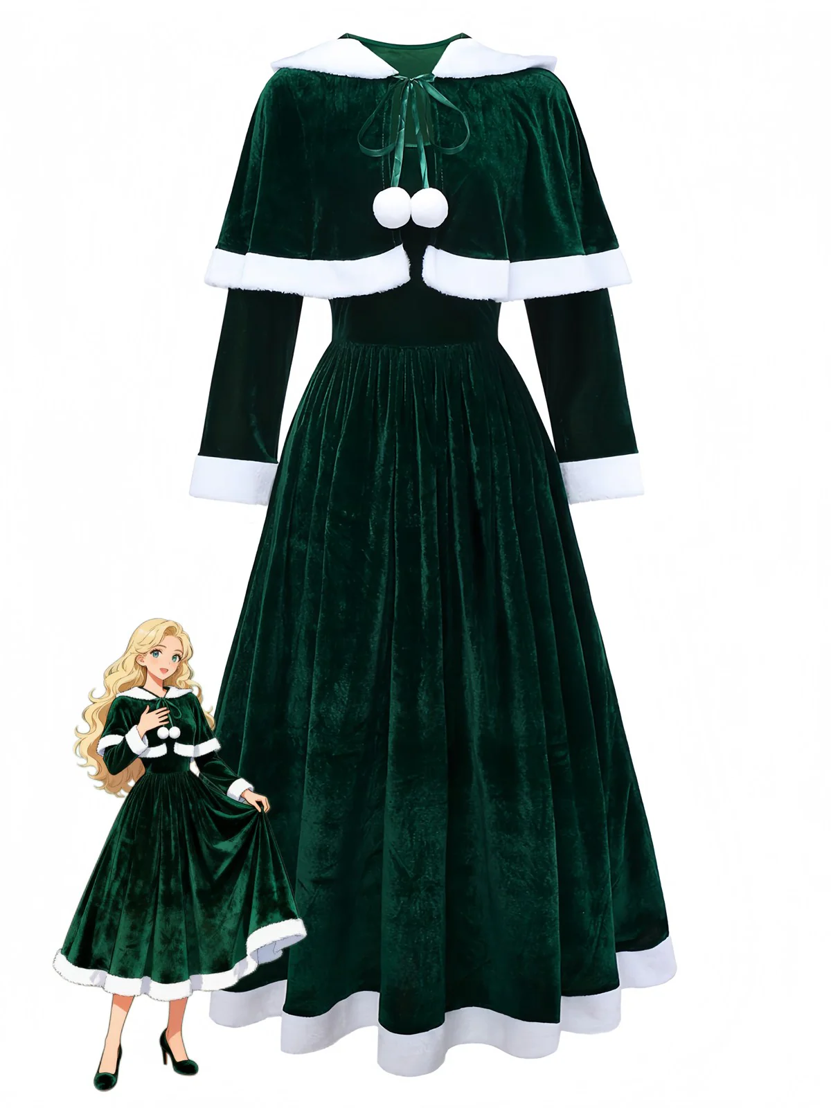 Robe de Noël rouge en velours avec cape du Père Noël des années 1930 - Image 4