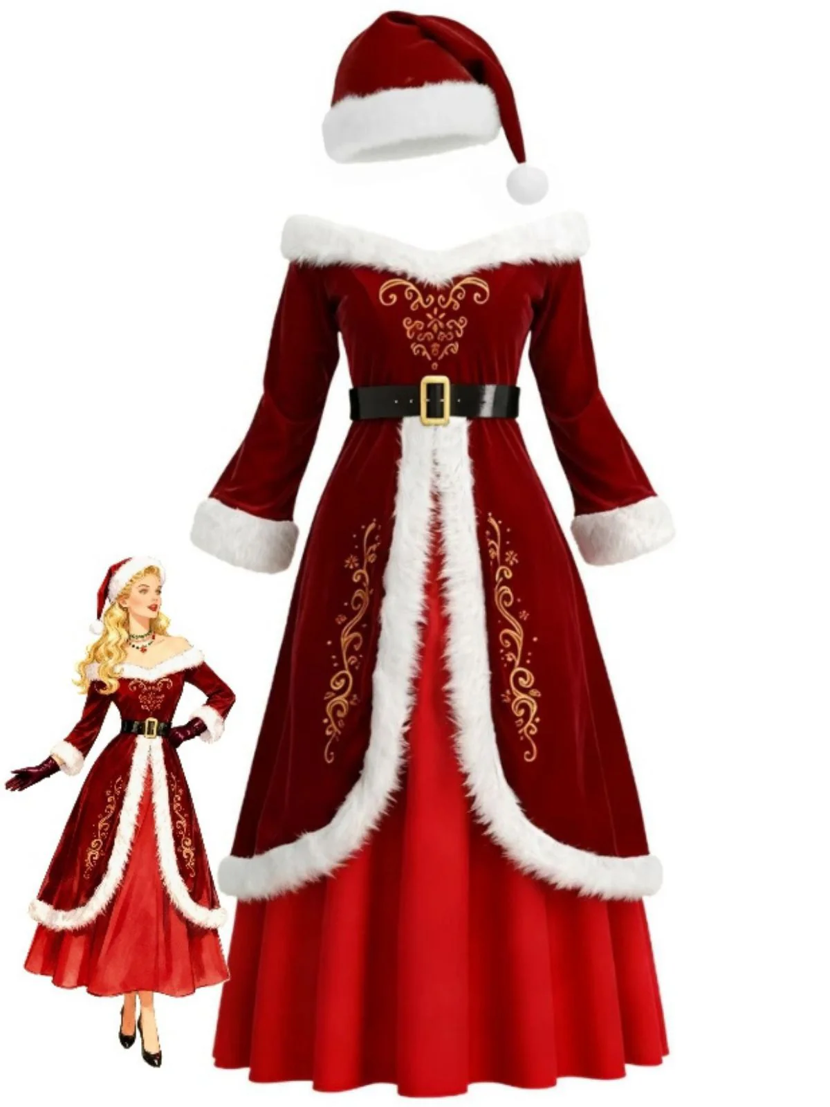 Robe de Noël rouge en velours et fausse fourrure des années 1930