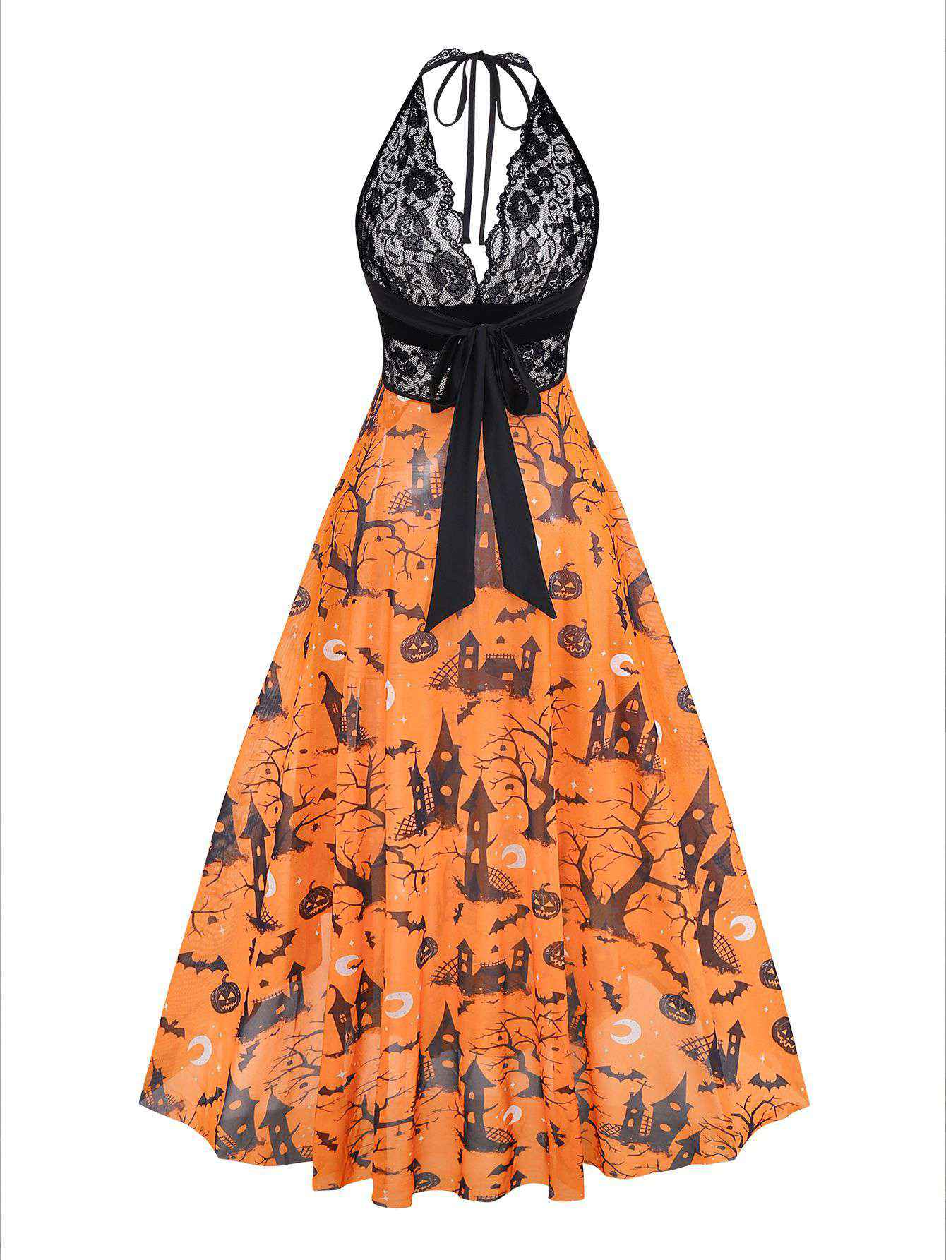 Robe de nuit orange col licou en dentelle imprimée citrouille d'Halloween années 1970 - Image 2
