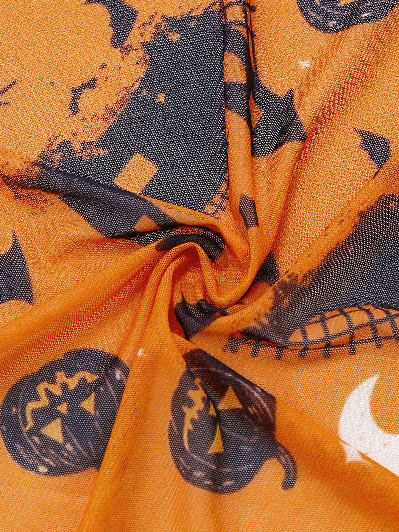 Robe de nuit orange col licou en dentelle imprimée citrouille d'Halloween années 1970 - Image 4