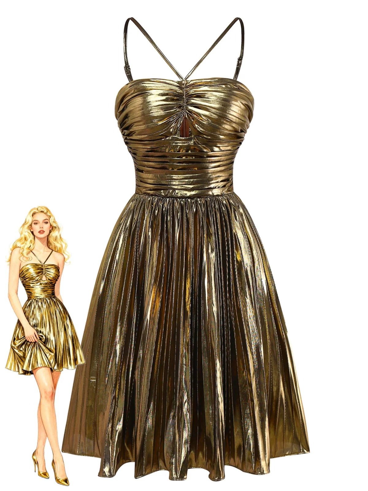 Robe de soirée dorée à bretelles plissée et ajourée des années 1960