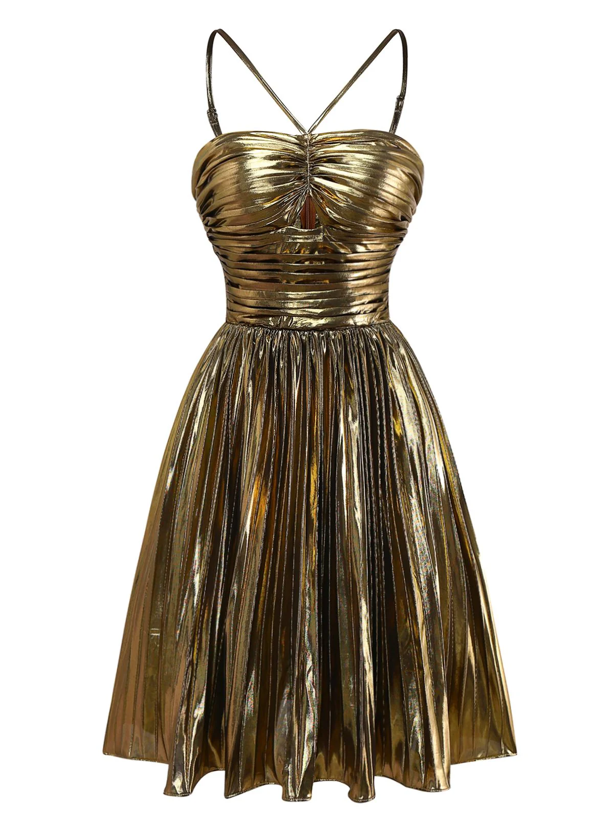 Robe de soirée dorée à bretelles plissée et ajourée des années 1960 - Image 2